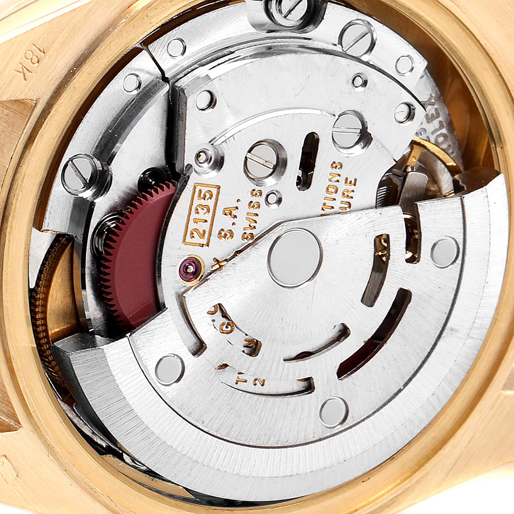 This close-up image shows the movement and inner mechanism of the Rolex President 69178 Women's Yellow Gold Champagne Dial 69178 Women's Yellow Gold Champagne Dial model watch.