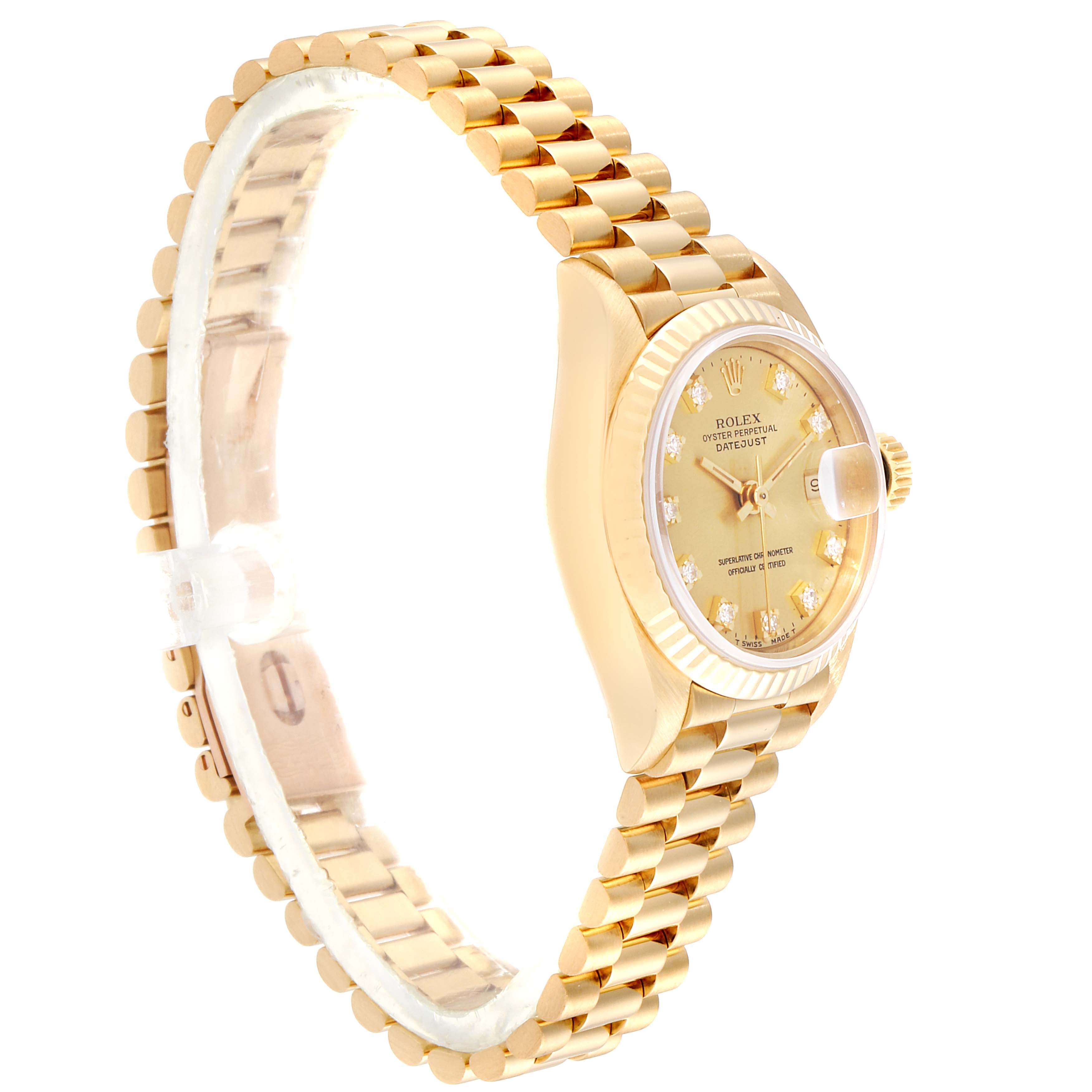 This image shows a side view of a Rolex President 69178 Women's Yellow Gold Champagne Dial 69178 Women's Yellow Gold Champagne Dial model watch, highlighting the gold bracelet, case, and dial.