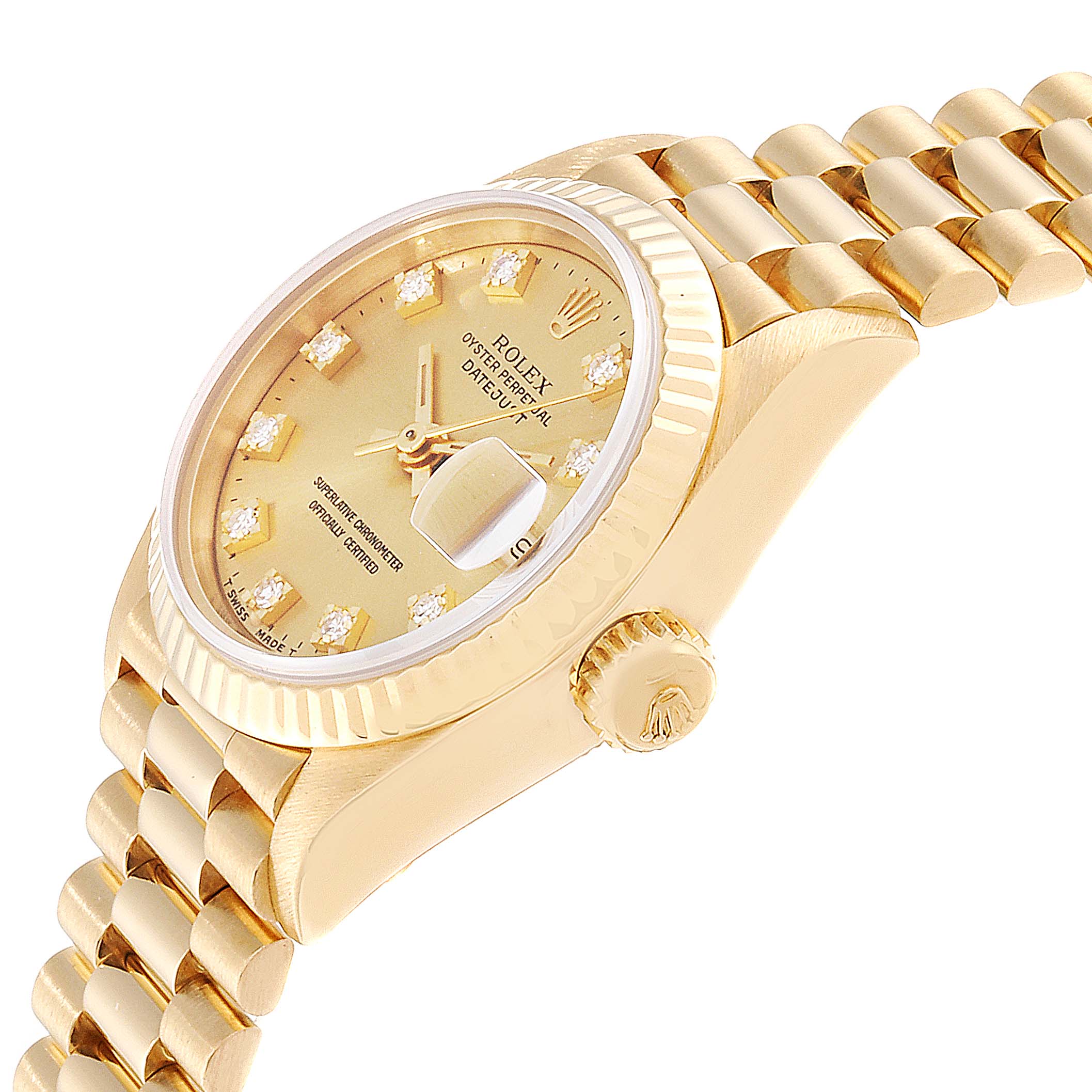 This image shows a side view of a Rolex President 69178 Women's Yellow Gold Champagne Dial 69178 Women's Yellow Gold Champagne Dial model watch, featuring the crown, part of the bracelet, and the dial.