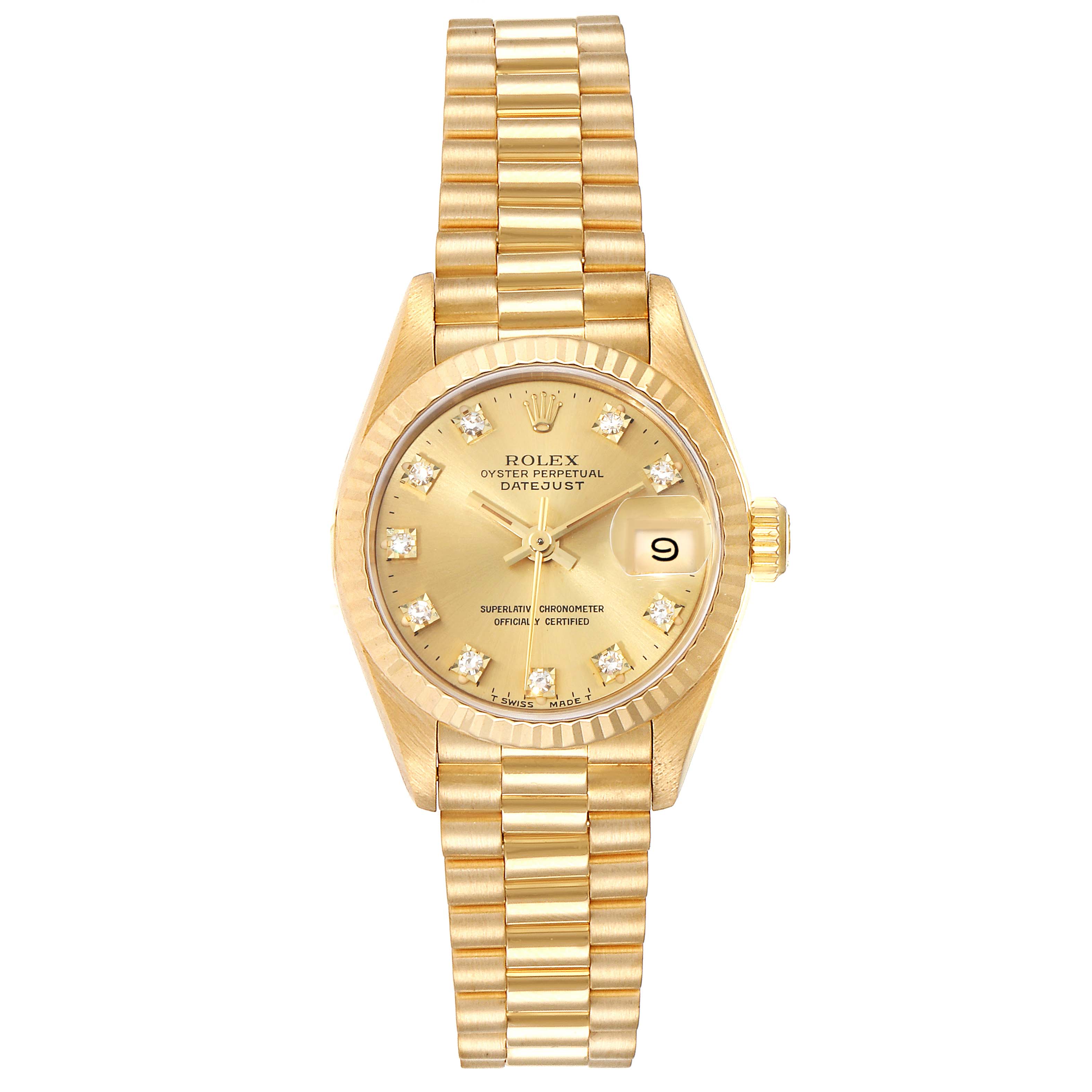 The Rolex President 69178 Women's Yellow Gold Champagne Dial 69178 Women's Yellow Gold Champagne Dial model watch is shown from a top-down angle, displaying its gold bracelet, dial, and bezel.