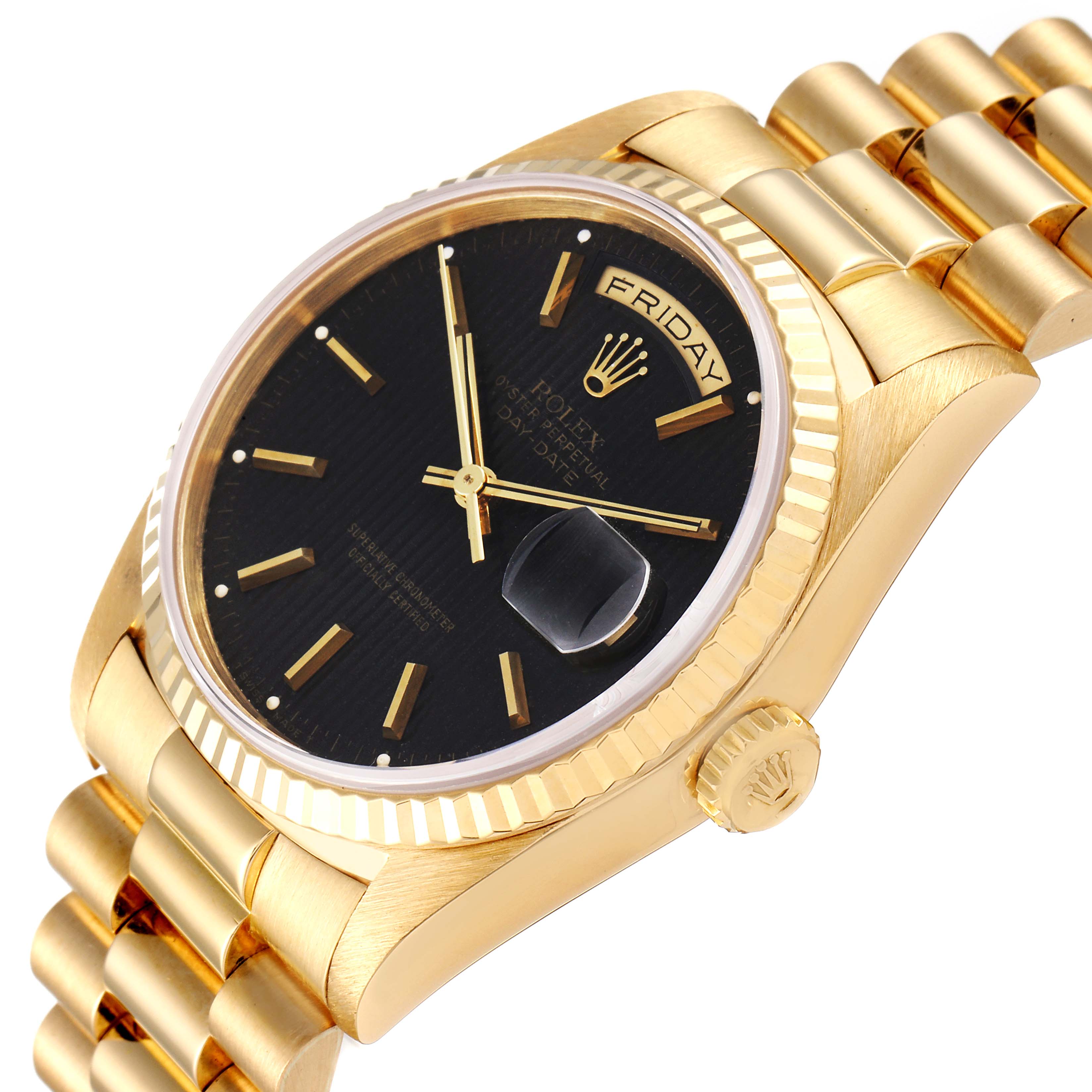 The image shows a close-up angled view of the Rolex President 18238 Men
s Yellow Gold Black Dial 18238 Men
s Yellow Gold Black Dial model, focusing on the black dial, day-date display, and gold bracelet.