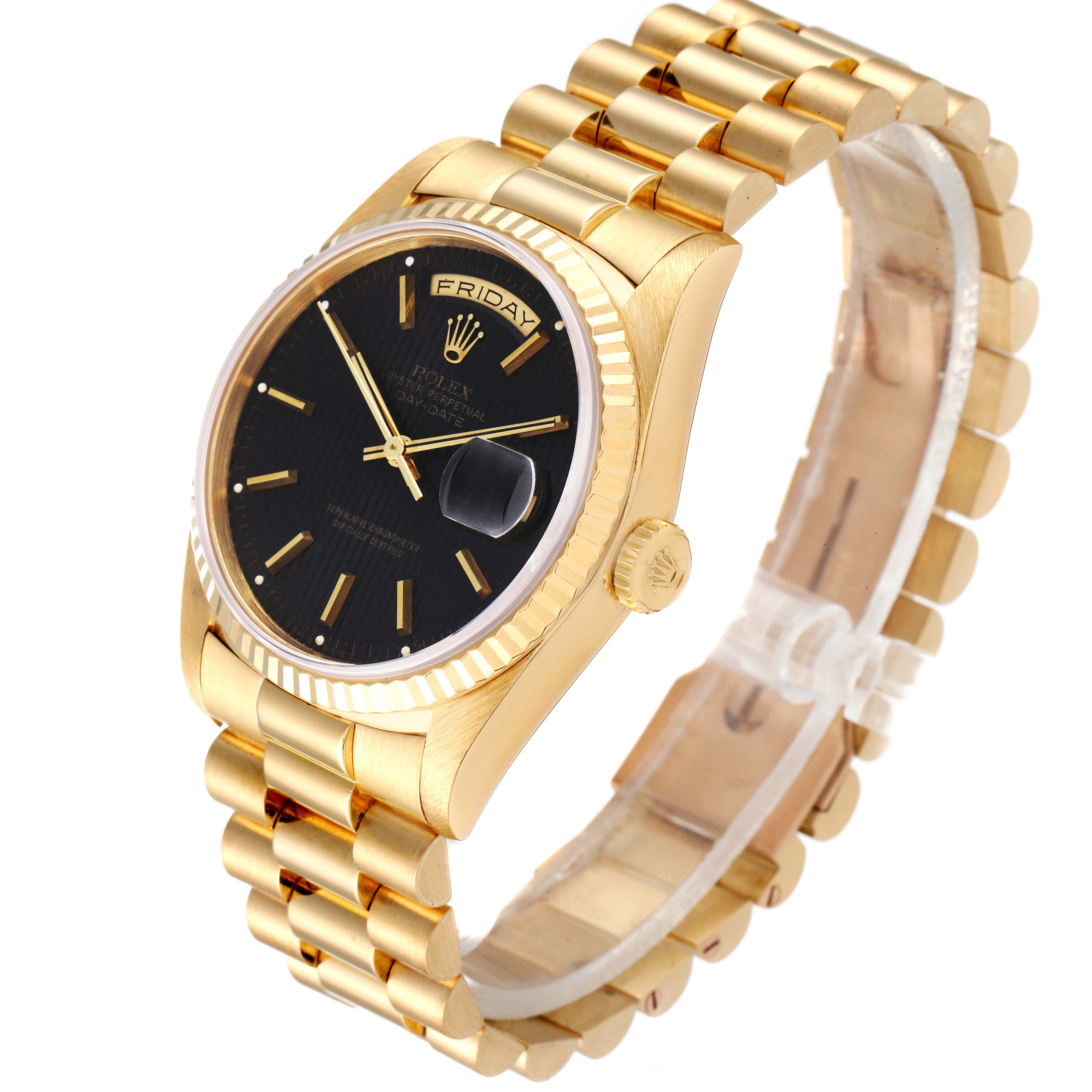 The image shows a Rolex President 18238 Men
s Yellow Gold Black Dial 18238 Men
s Yellow Gold Black Dial model watch, angled to display the face, bezel, and bracelet.