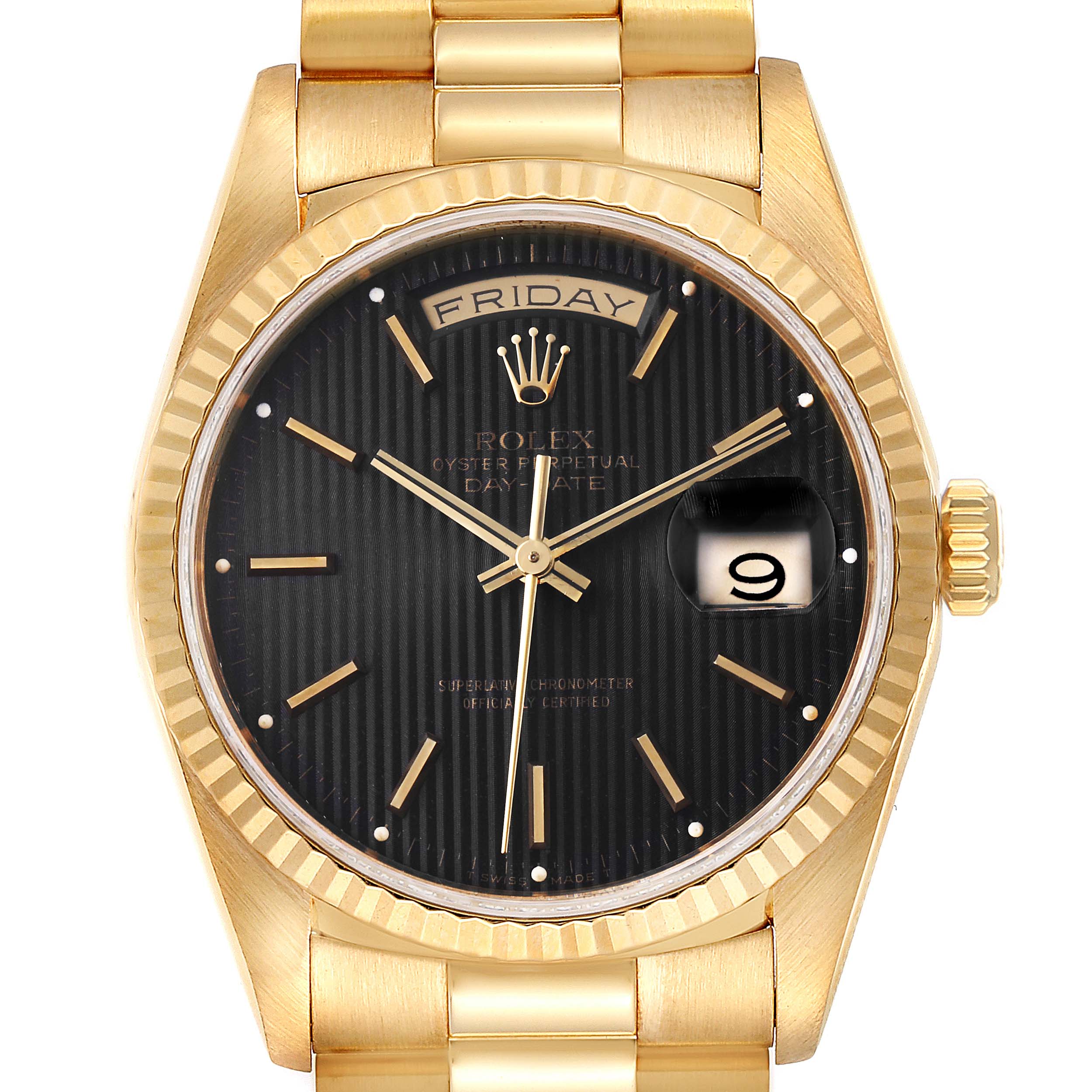 This image shows a front view of the Rolex President 18238 Men
s Yellow Gold Black Dial 18238 Men
s Yellow Gold Black Dial model watch, displaying its dial, bracelet, and crown.