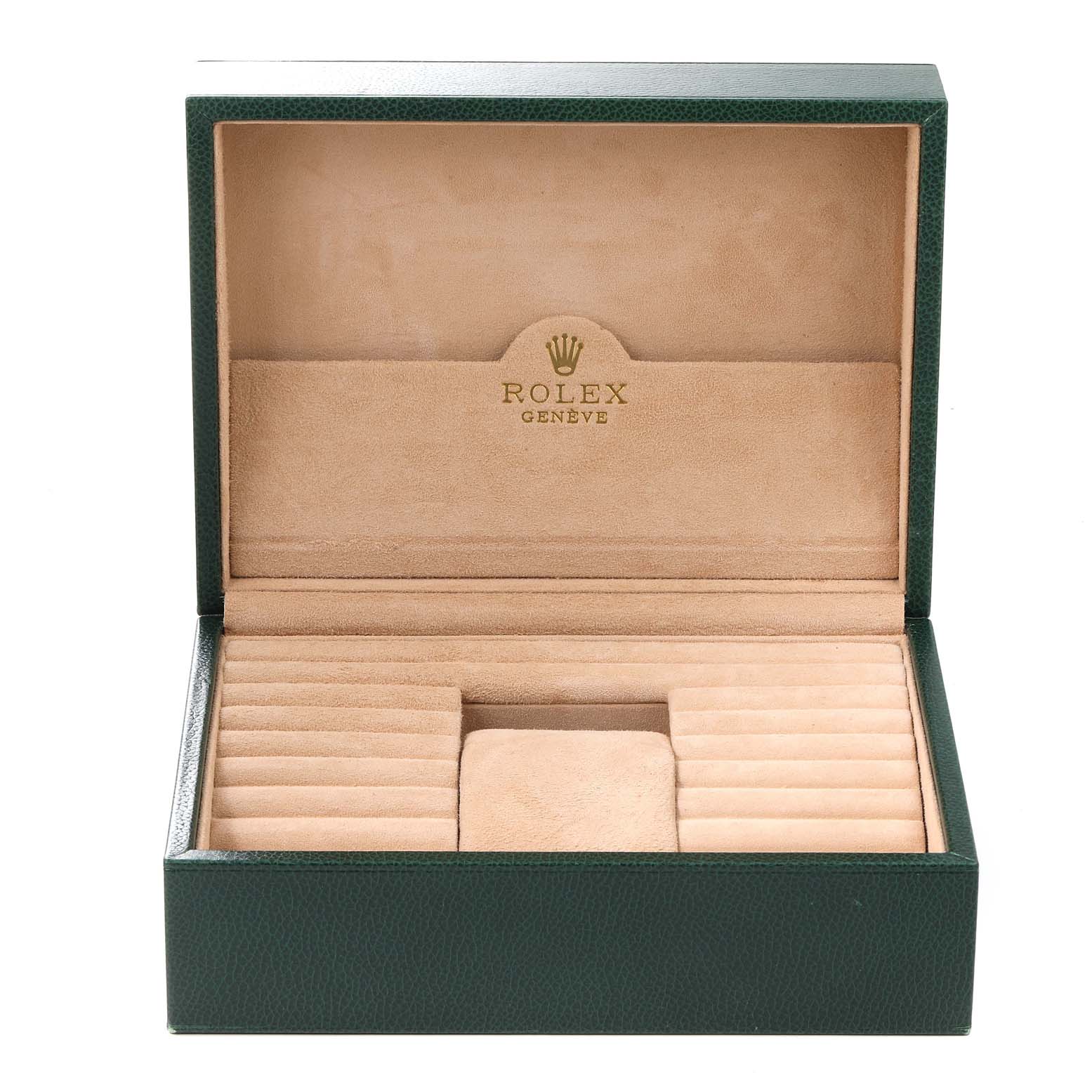 This image shows an open presentation box for the Rolex President 18238 Men
s Yellow Gold Black Dial 18238 Men
s Yellow Gold Black Dial model, displaying its interior compartments.