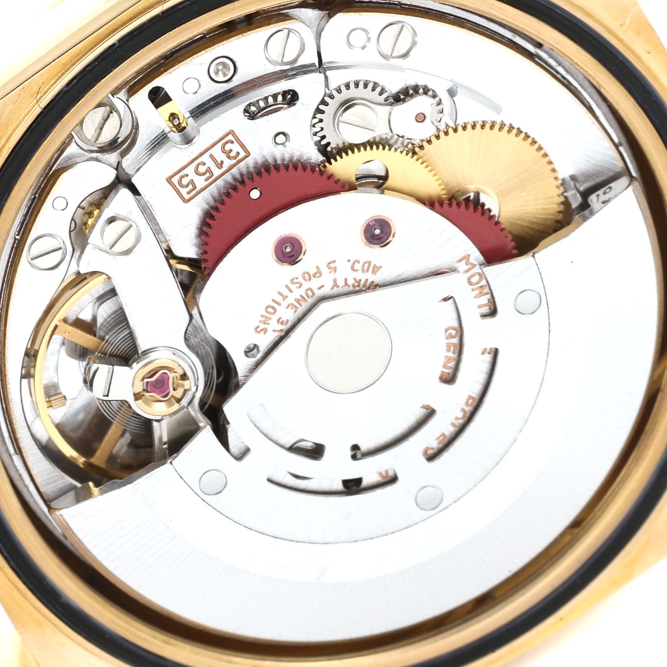 This image shows the internal mechanical movement of a Rolex President 18238 Men
s Yellow Gold Black Dial 18238 Men
s Yellow Gold Black Dial model watch from a top-down angle.