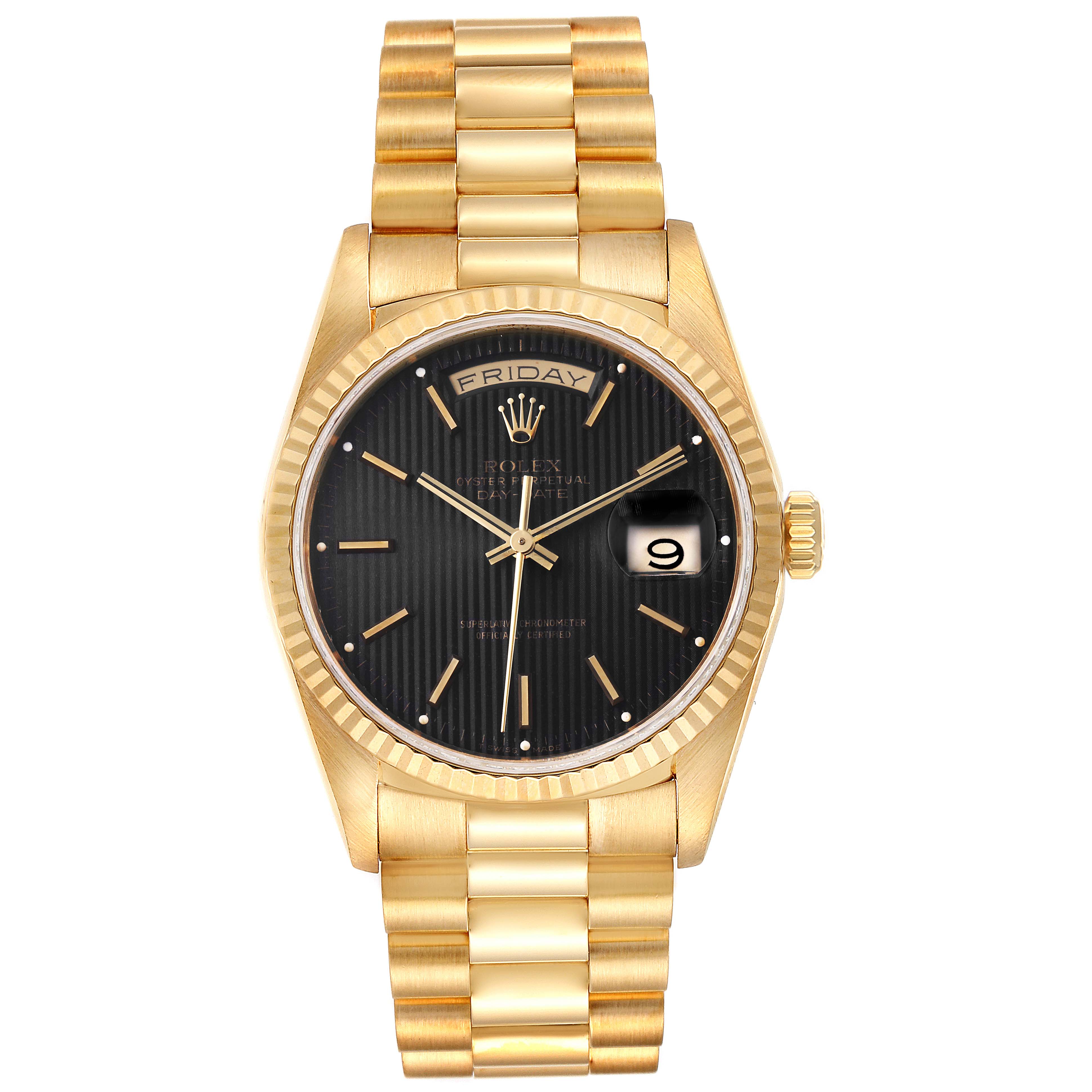 This image shows a front view of the Rolex President 18238 Men
s Yellow Gold Black Dial 18238 Men
s Yellow Gold Black Dial model watch, highlighting its gold bracelet, black dial, and day-date features.