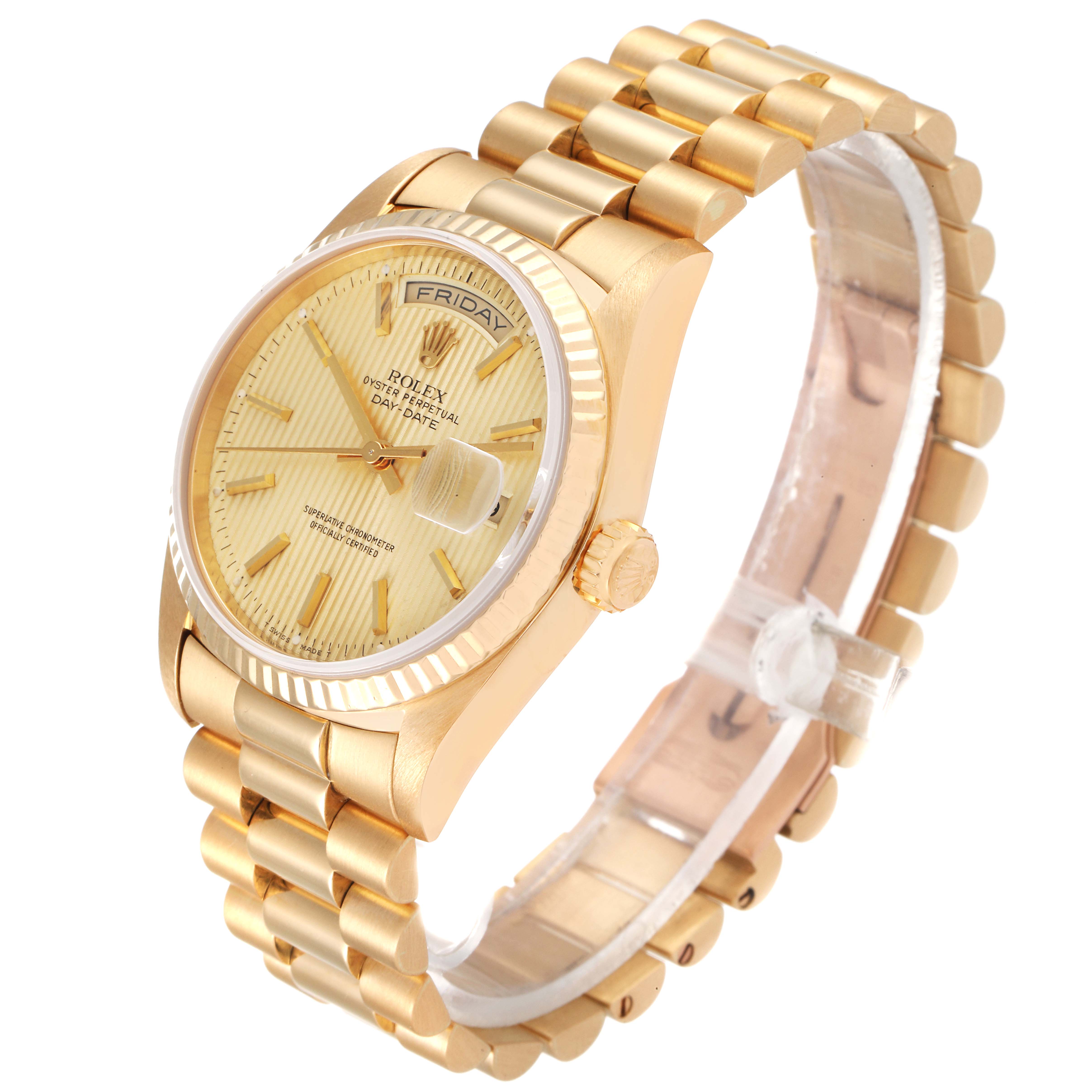 This image shows a side angle of the Rolex President 18238 Men
s Yellow Gold Champagne Dial 18238 Men
s Yellow Gold Champagne Dial watch, highlighting its gold-tone case, dial, bracelet, and crown.
