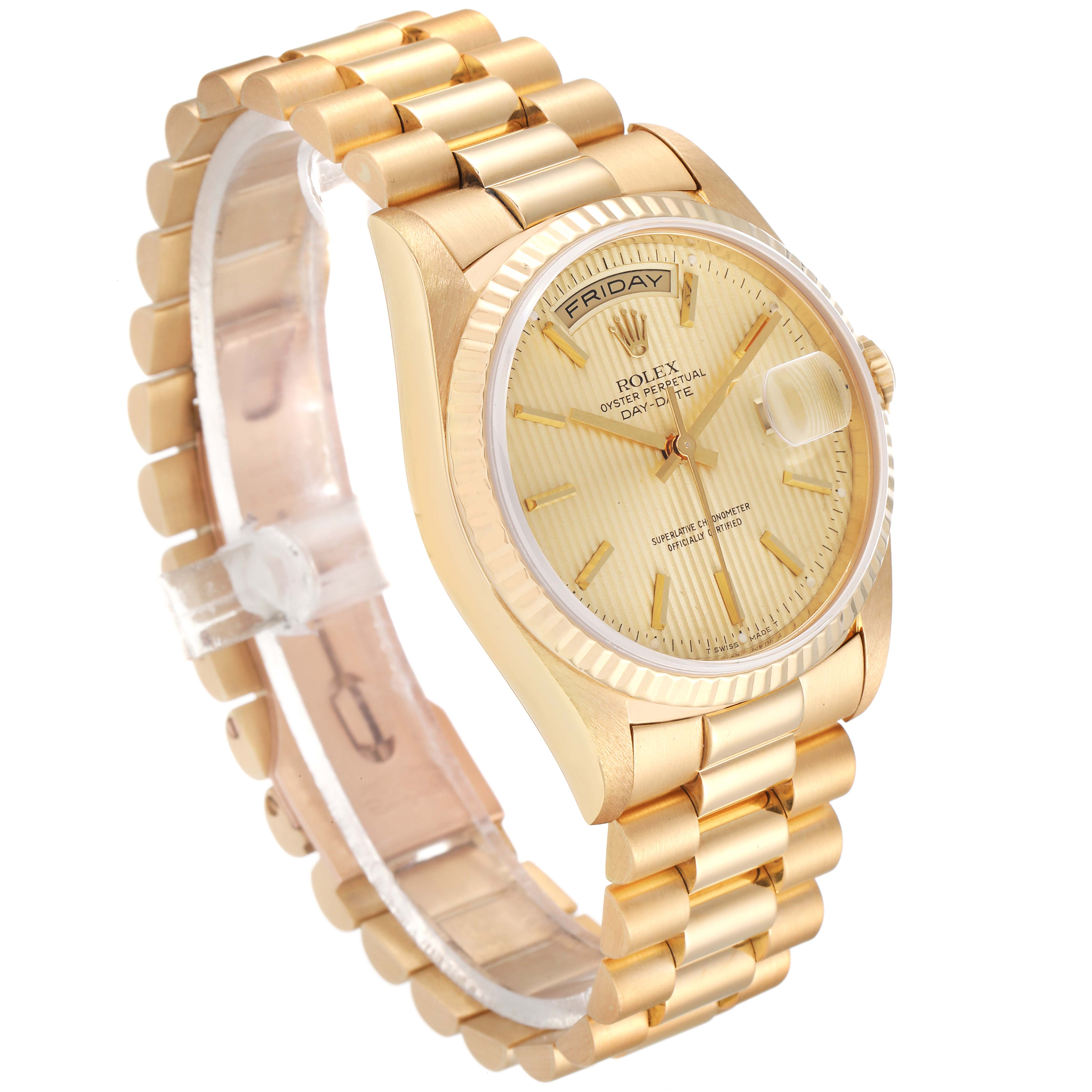 The Rolex President 18238 Men
s Yellow Gold Champagne Dial 18238 Men
s Yellow Gold Champagne Dial model watch is displayed at a three-quarter angle, showing the dial, bezel, case, and bracelet.