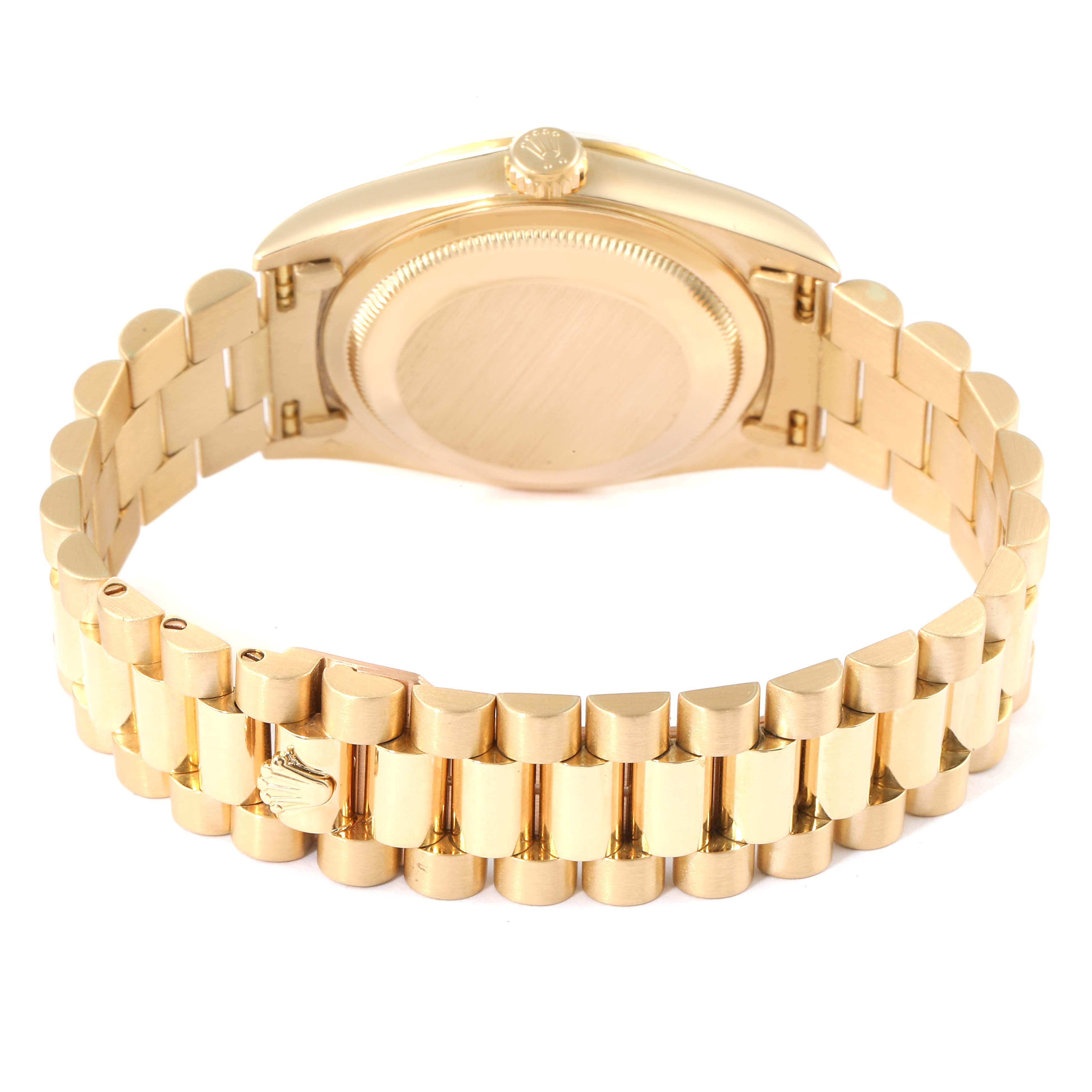 This image shows the back and side view of a Rolex President 18238 Men
s Yellow Gold Champagne Dial 18238 Men
s Yellow Gold Champagne Dial model watch, focusing on the bracelet and case back.