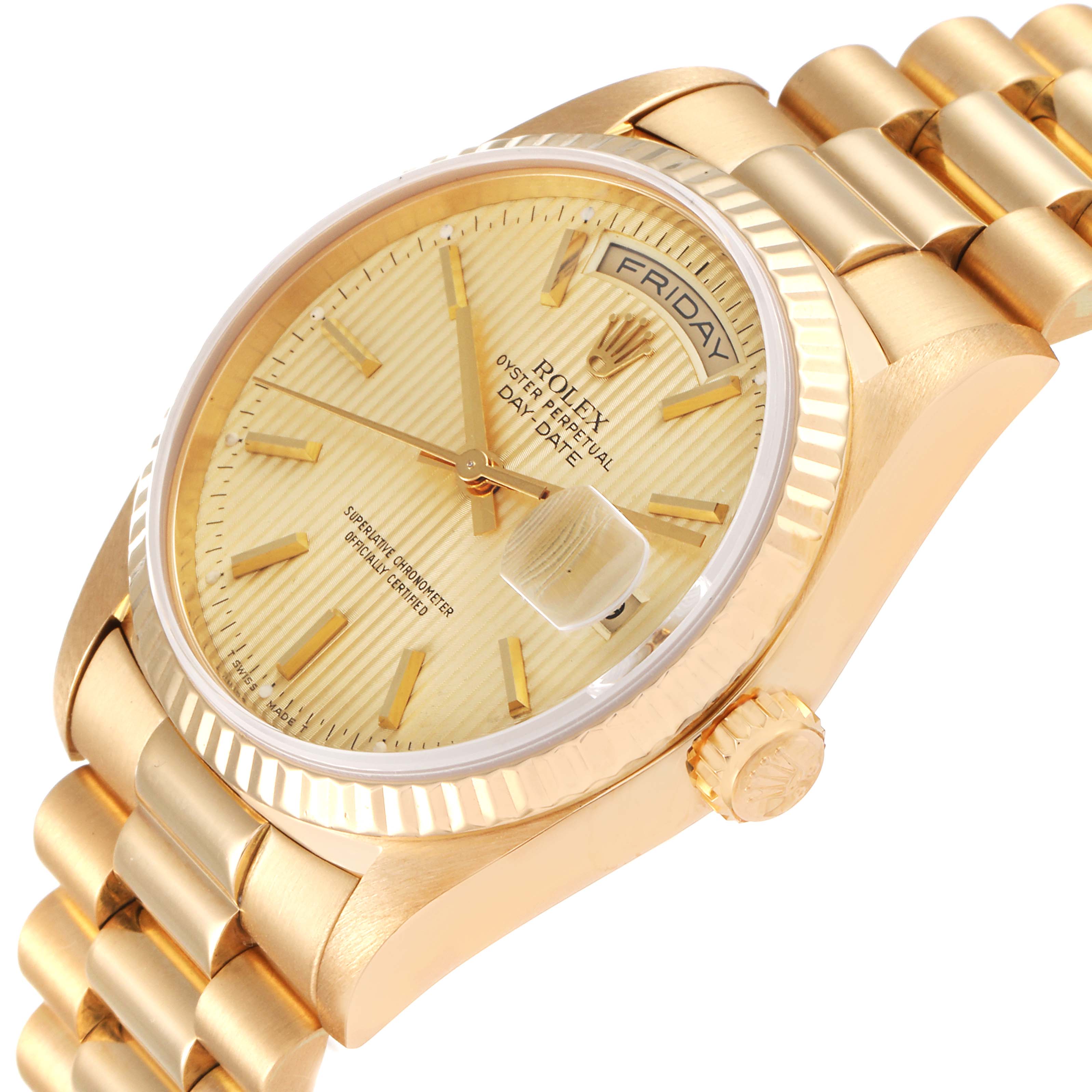 The image shows a side-angle view of a Rolex President 18238 Men
s Yellow Gold Champagne Dial 18238 Men
s Yellow Gold Champagne Dial model watch, displaying the dial, crown, and part of the bracelet.