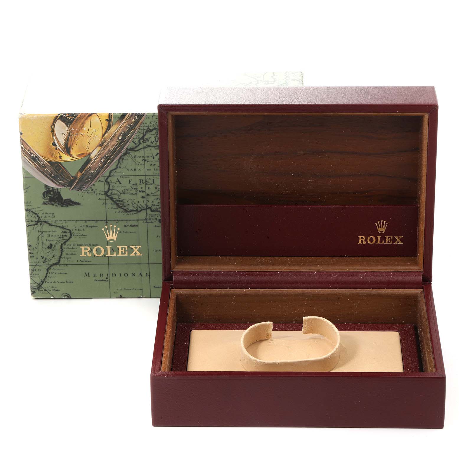 This image shows an empty Rolex President 18238 Men
s Yellow Gold Champagne Dial 18238 Men
s Yellow Gold Champagne Dial watch box and packaging from an overhead angle.