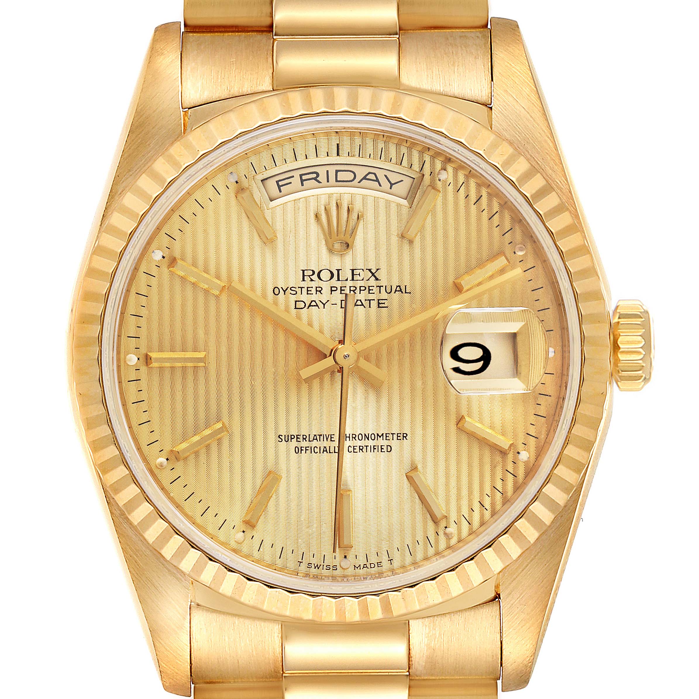 This image shows a frontal view of the dial and part of the bracelet of the Rolex President 18238 Men
s Yellow Gold Champagne Dial 18238 Men
s Yellow Gold Champagne Dial Day-Date watch.