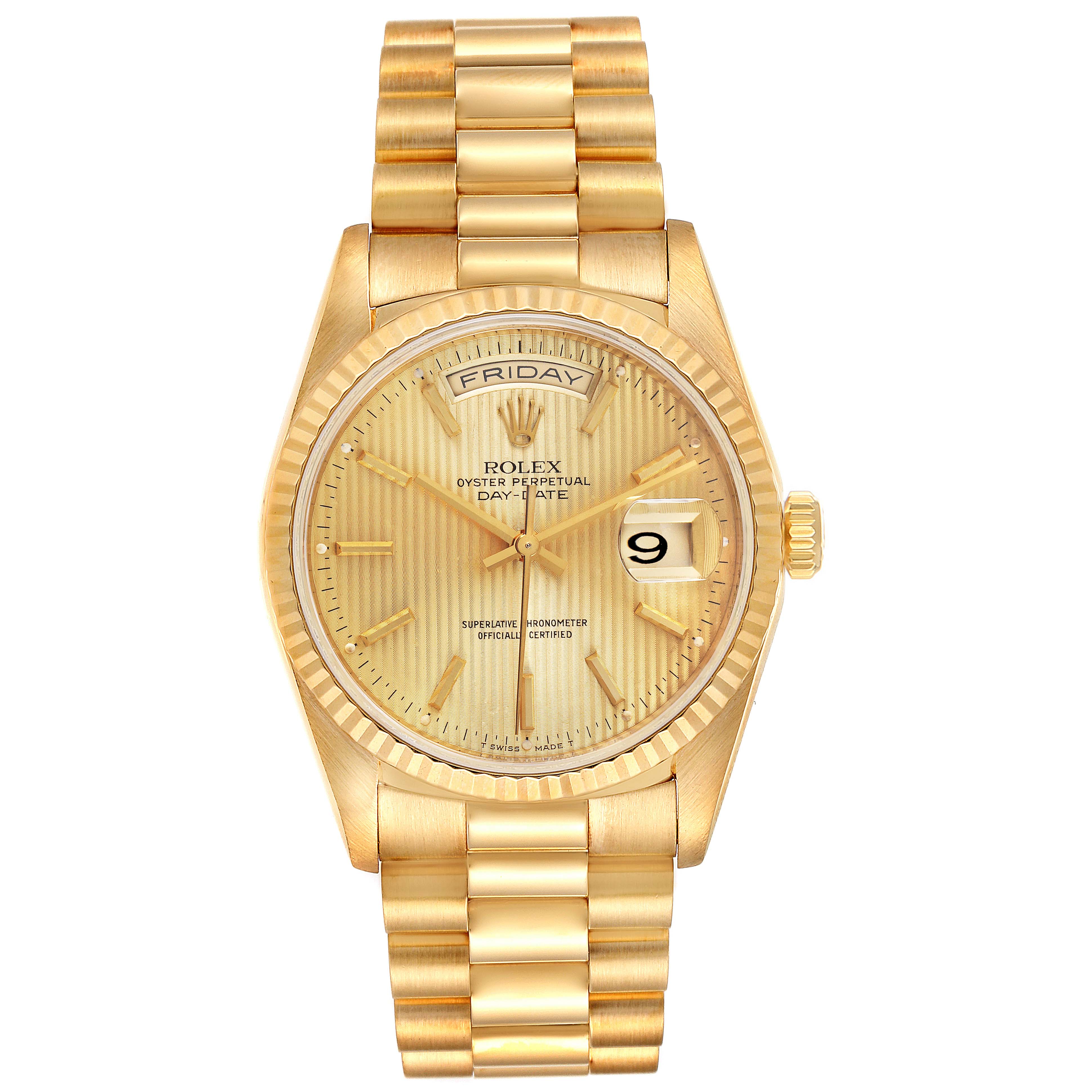The image shows a frontal view of the Rolex President 18238 Men
s Yellow Gold Champagne Dial 18238 Men
s Yellow Gold Champagne Dial model watch, highlighting its gold case, bracelet, and dial.