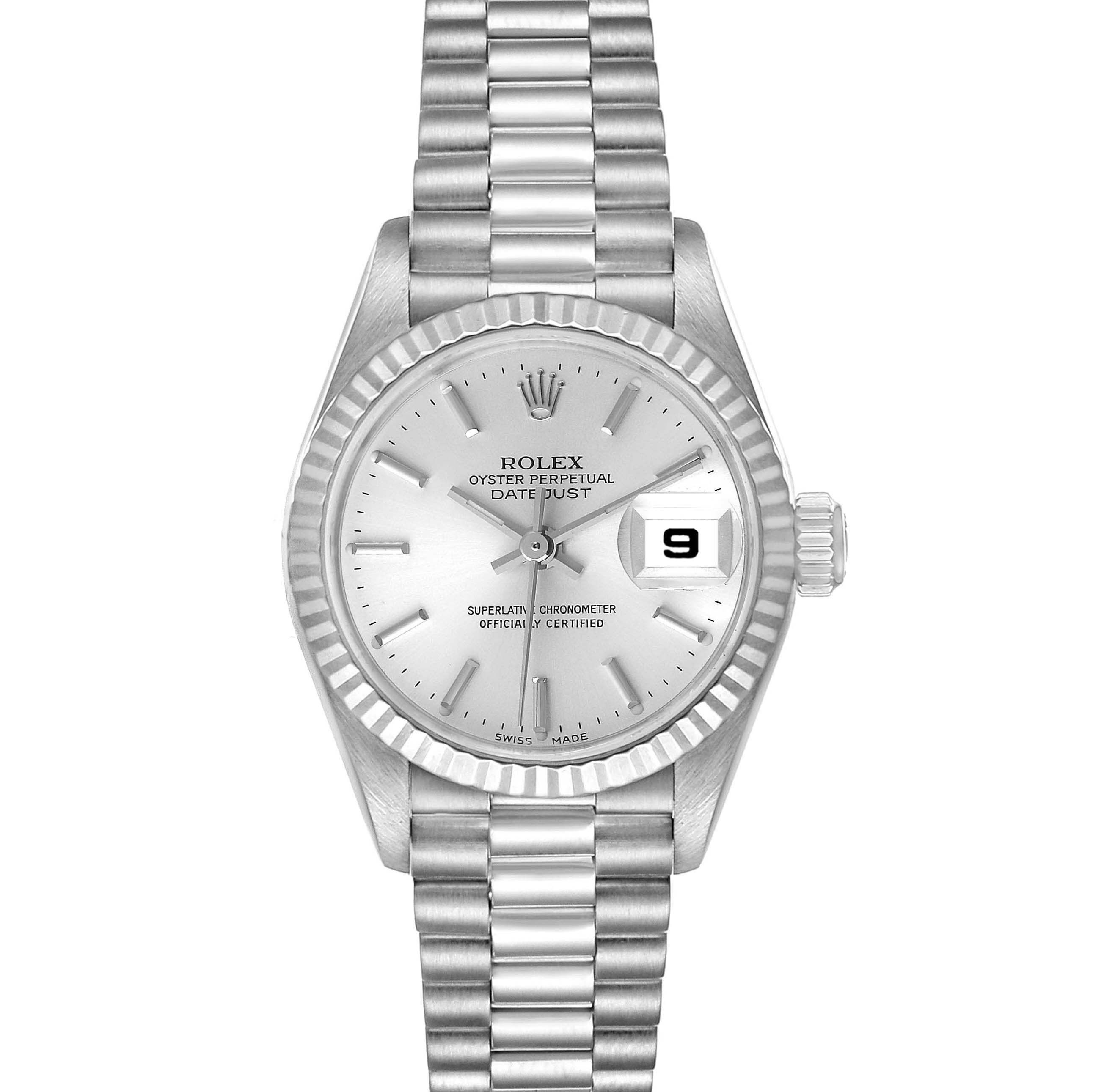 The image shows a front view of the Rolex President 79179 Women's White Gold Silver Dial 79179 Women's White Gold Silver Dial model displaying the dial, bezel, crown, and bracelet.