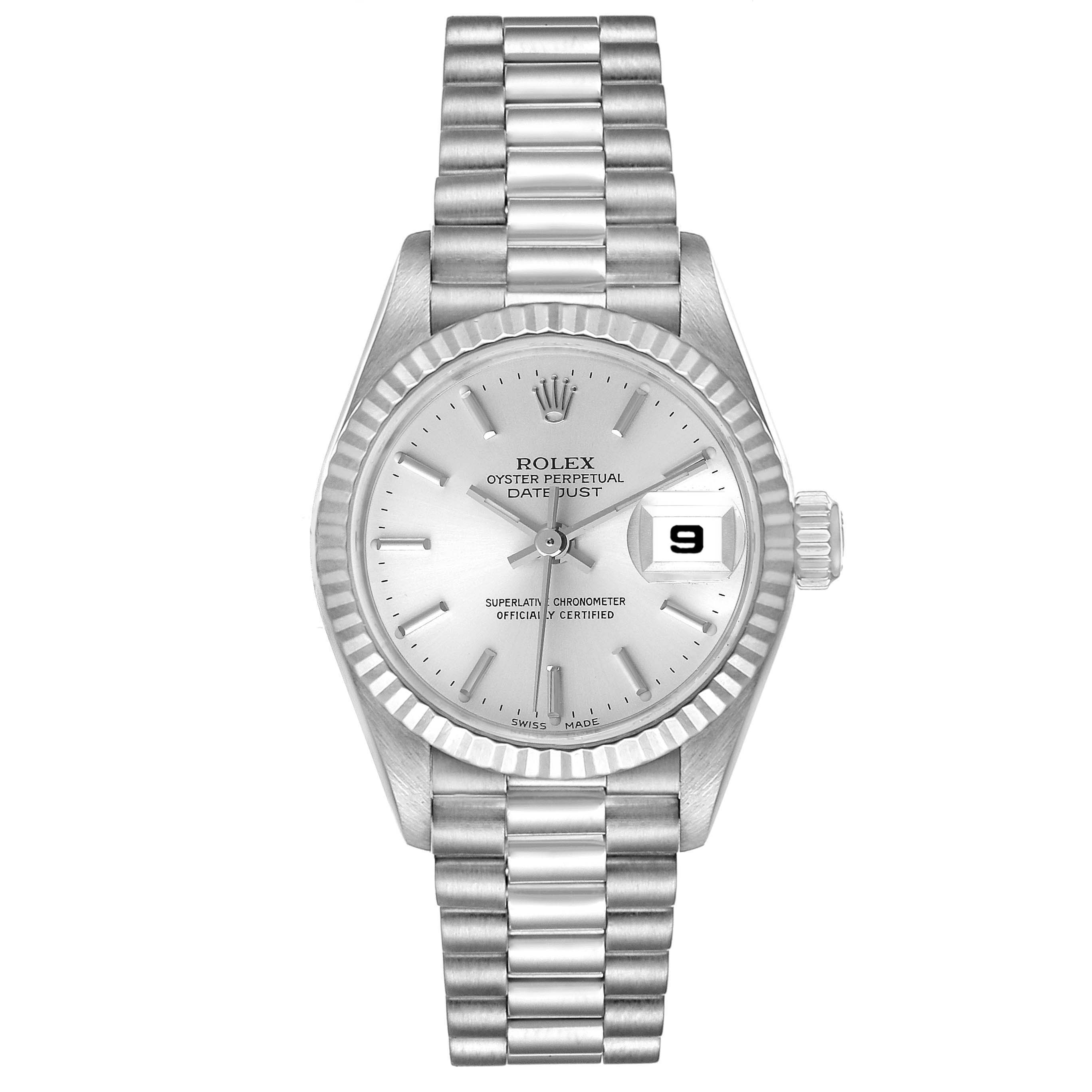 This image shows a front view of a Rolex President 79179 Women's White Gold Silver Dial 79179 Women's White Gold Silver Dial model watch, detailing the dial, hands, date window, and bracelet.
