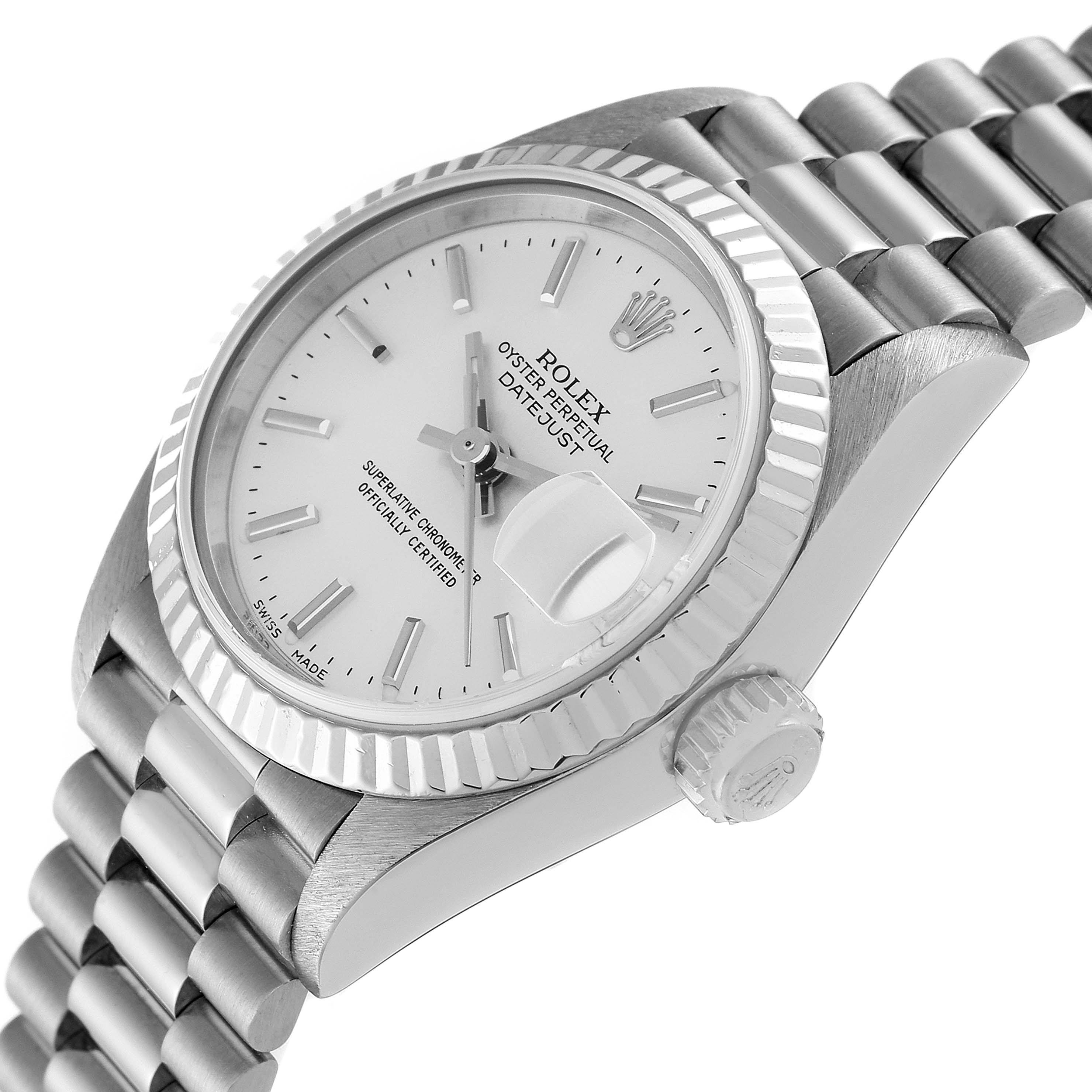The image shows a Rolex Oyster Perpetual Datejust President model at a 3/4 angle, highlighting the dial, bezel, crown, and part of the bracelet.