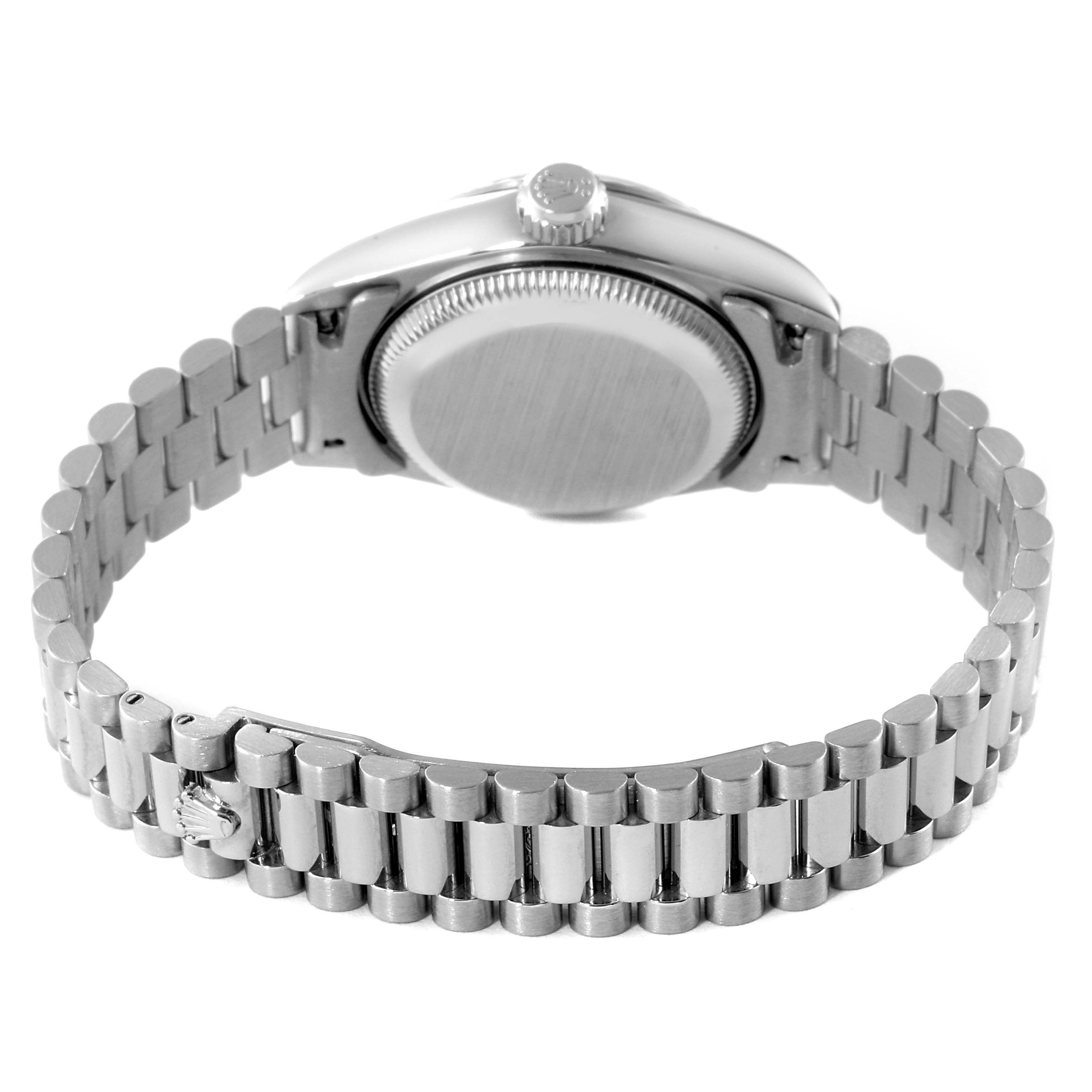 The image shows the back view of a Rolex President 79179 Women's White Gold Silver Dial 79179 Women's White Gold Silver Dial model watch, highlighting the bracelet and caseback.