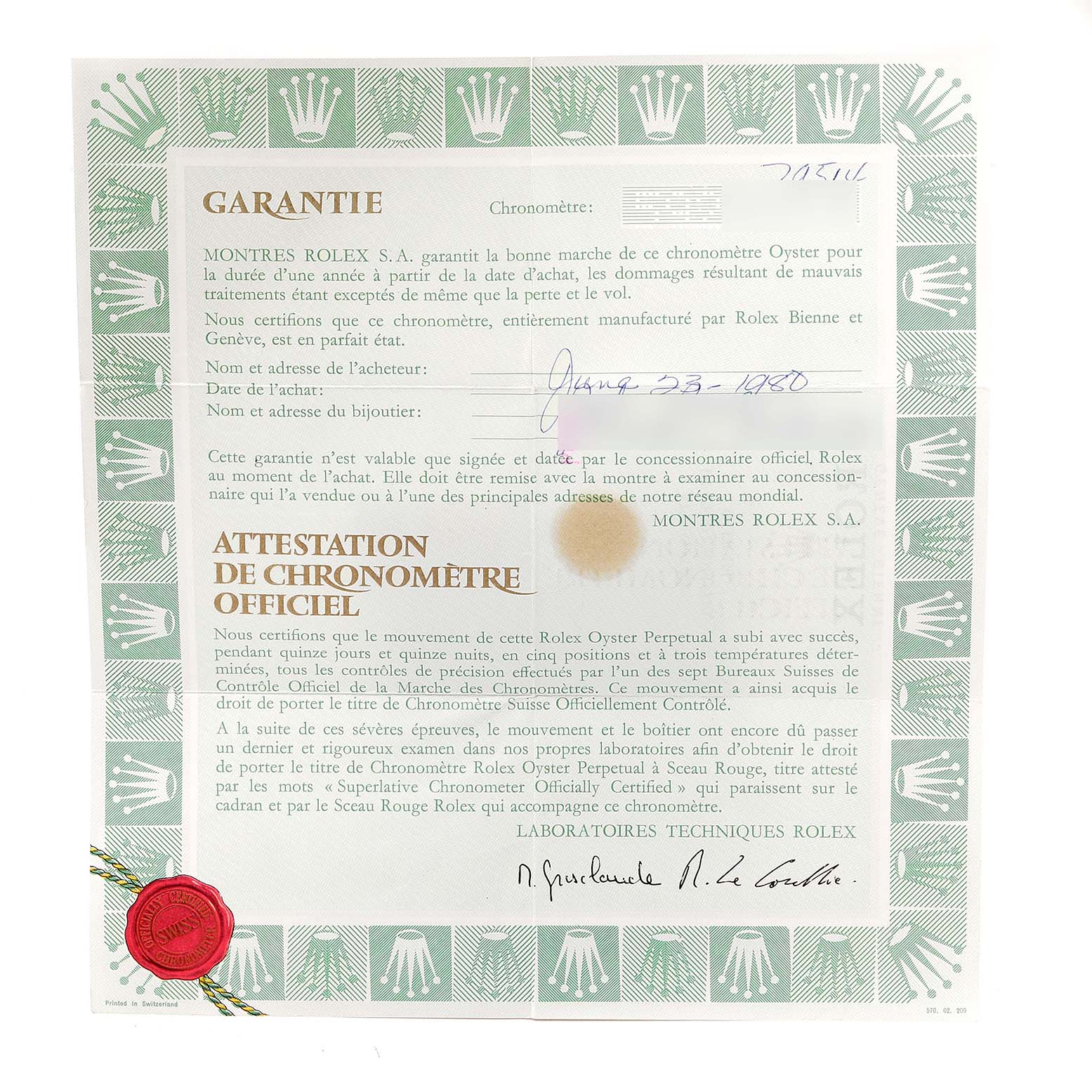 This image shows a warranty certificate for the Rolex President 6917 Women's Yellow Gold Blue Dial 6917 Women's Yellow Gold Blue Dial model watch.