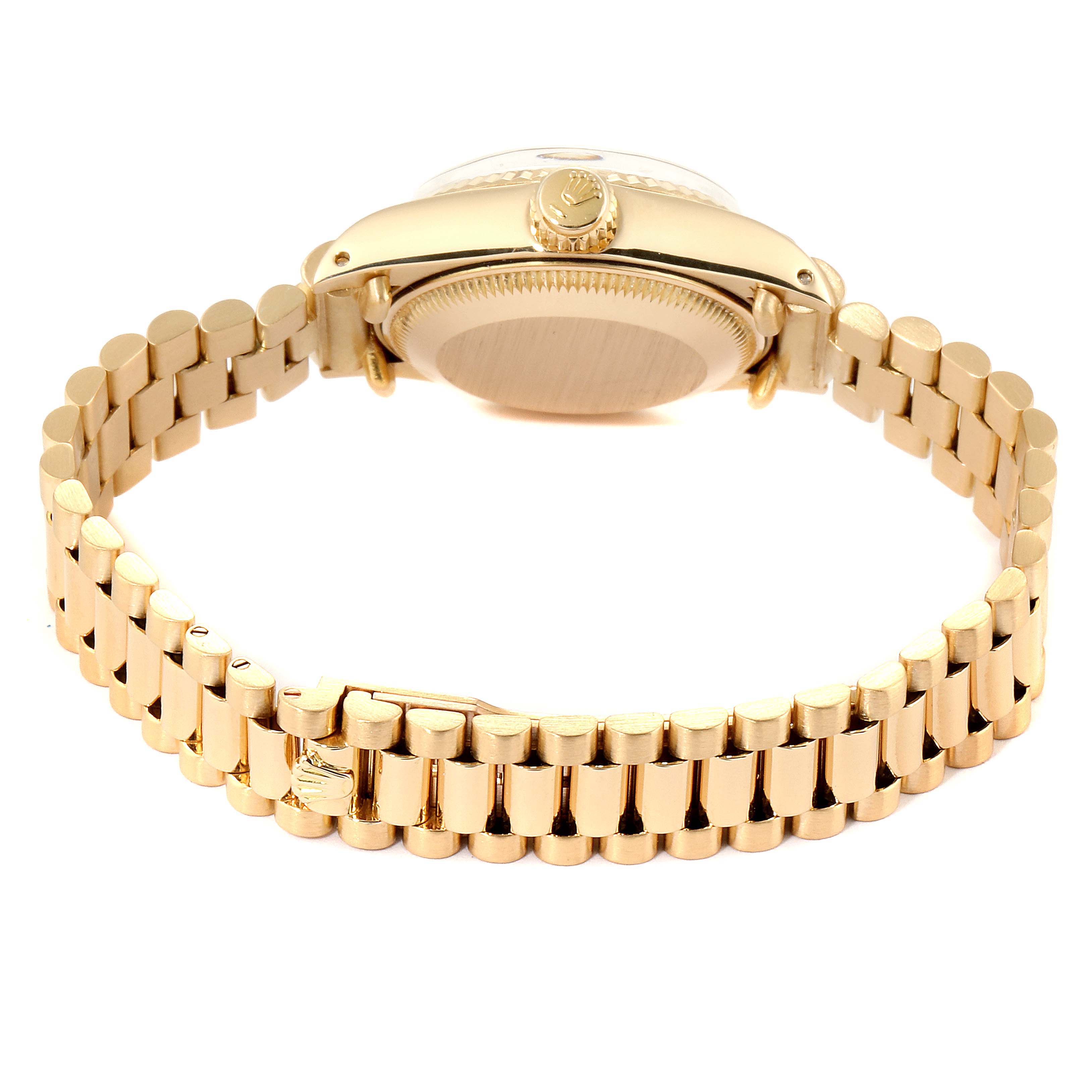 The image shows the back view of the Rolex President 6917 Women's Yellow Gold Blue Dial 6917 Women's Yellow Gold Blue Dial model, highlighting its gold bracelet and case back.