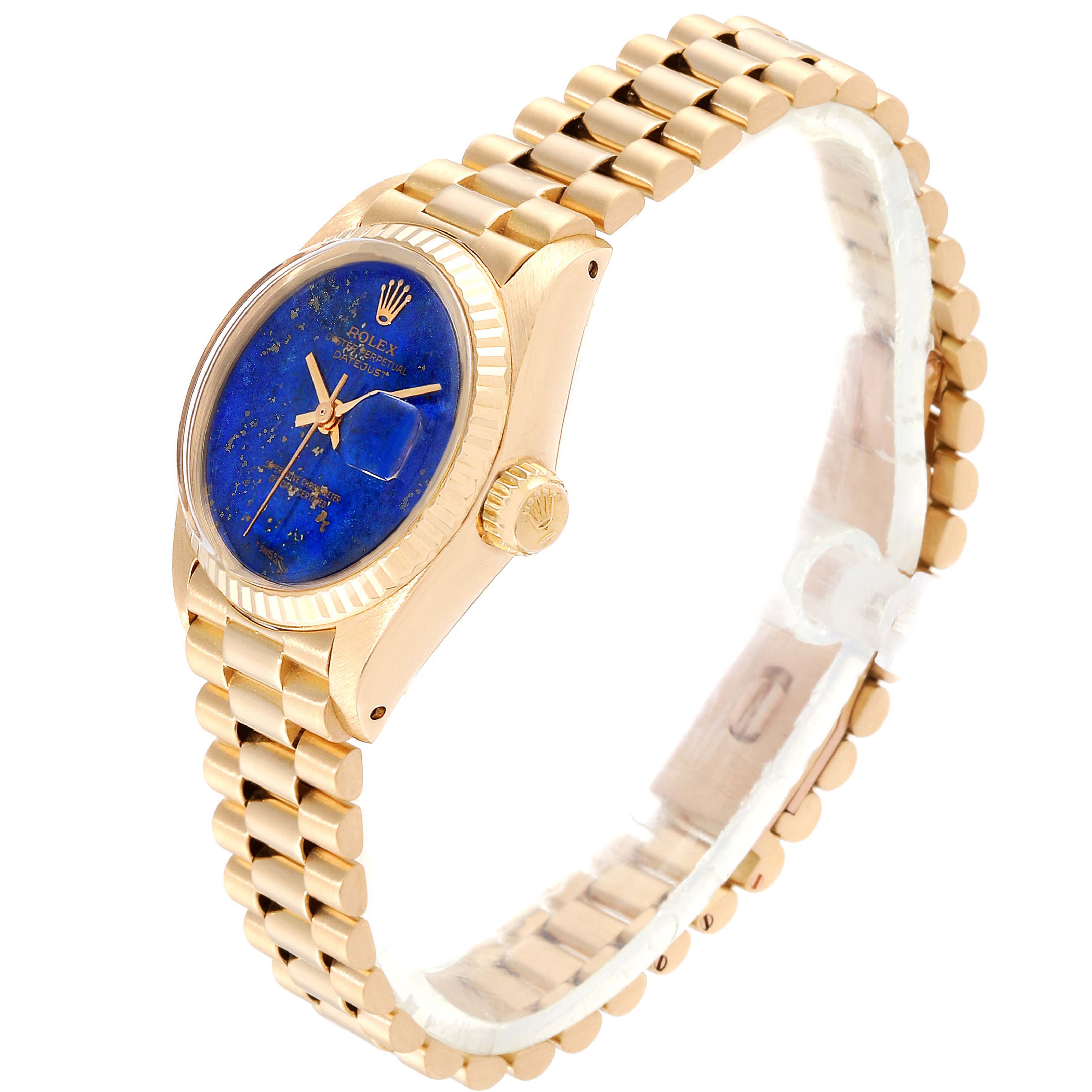 The image shows a Rolex President 6917 Women's Yellow Gold Blue Dial 6917 Women's Yellow Gold Blue Dial watch from a side angle, highlighting the gold bracelet, blue dial, crown, and fluted bezel.