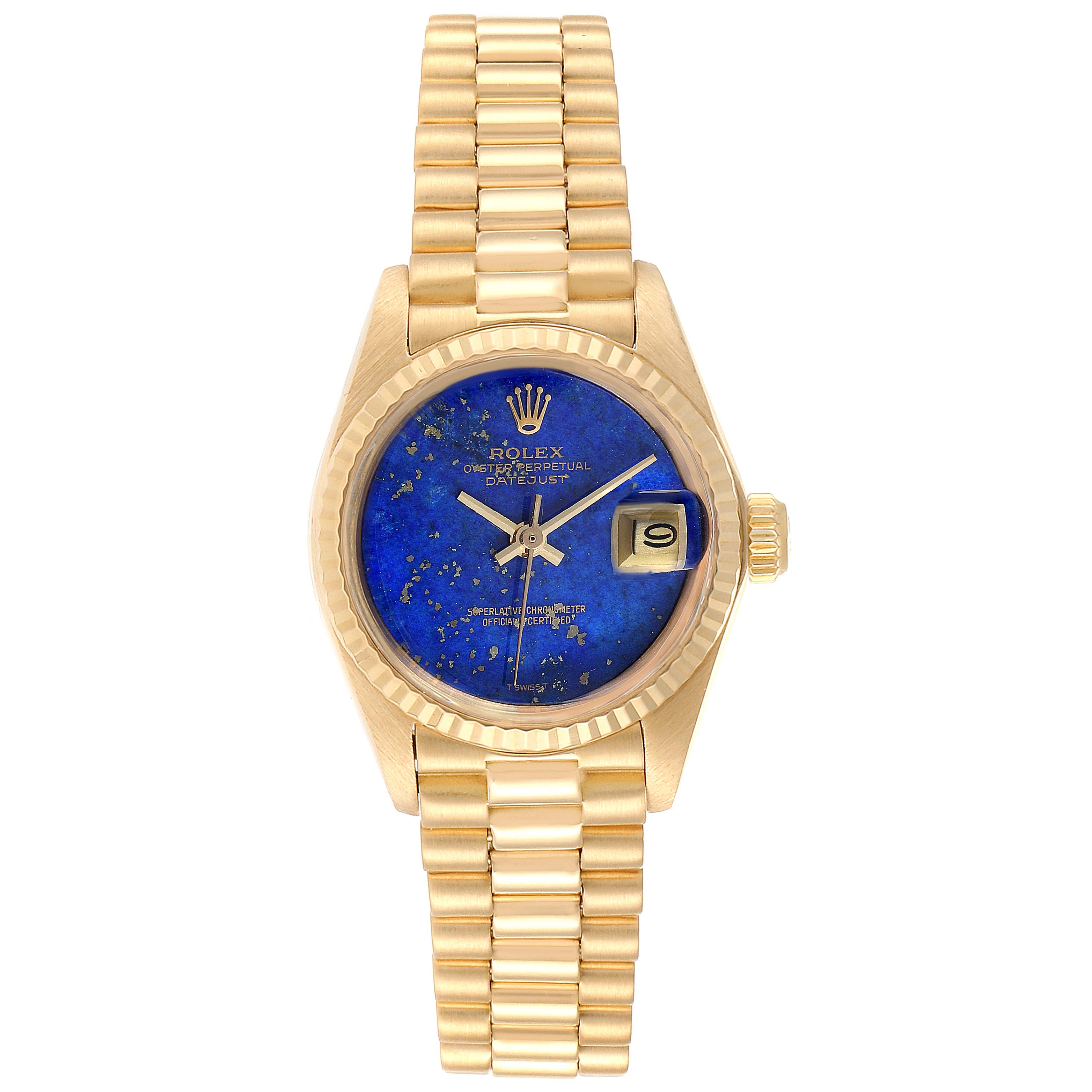 This Rolex President 6917 Women's Yellow Gold Blue Dial 6917 Women's Yellow Gold Blue Dial model watch is shown from a top view, displaying the blue dial, date window, and gold bracelet.