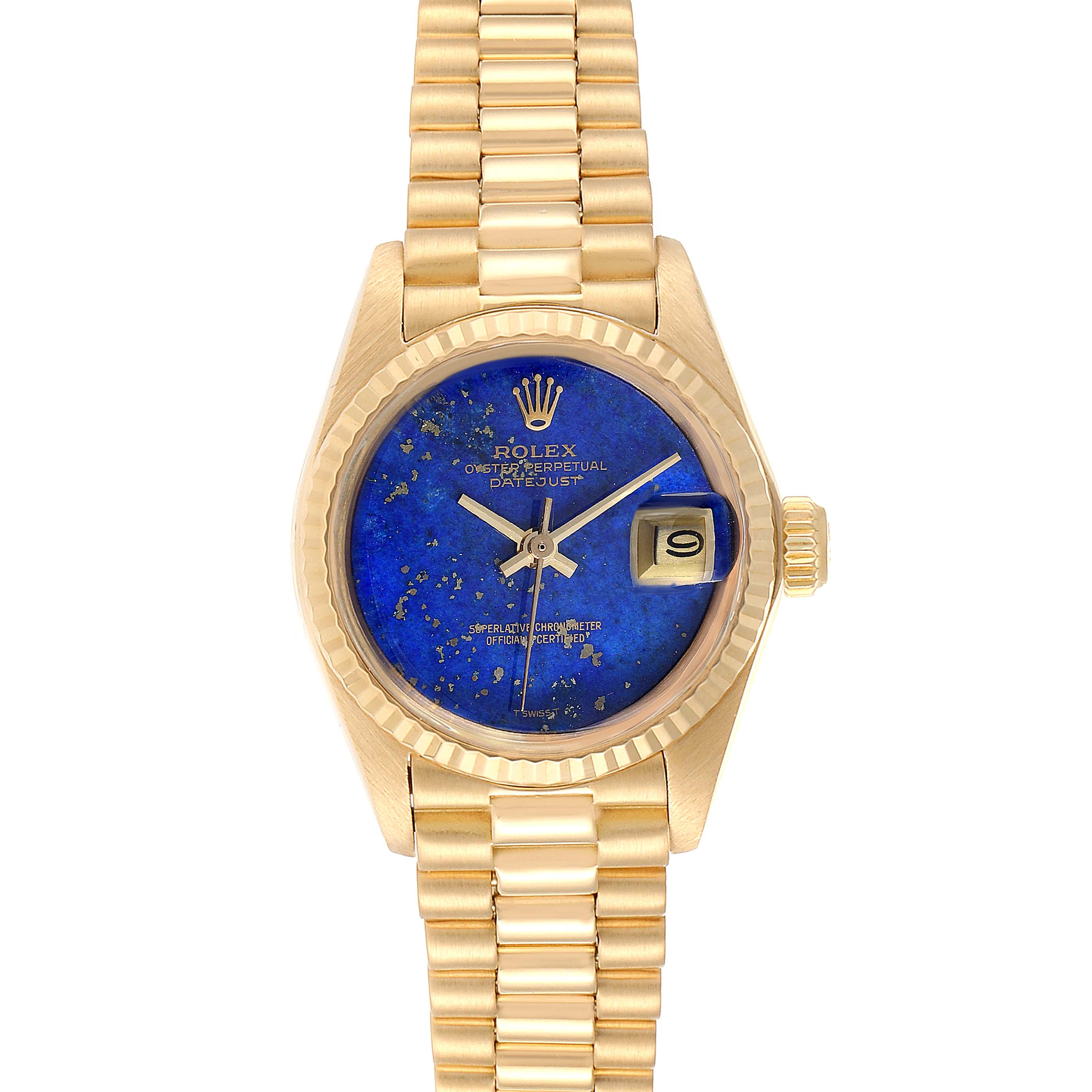 This image shows a front view of the Rolex President 6917 Women's Yellow Gold Blue Dial 6917 Women's Yellow Gold Blue Dial model watch, featuring the dial, bezel, case, and bracelet.