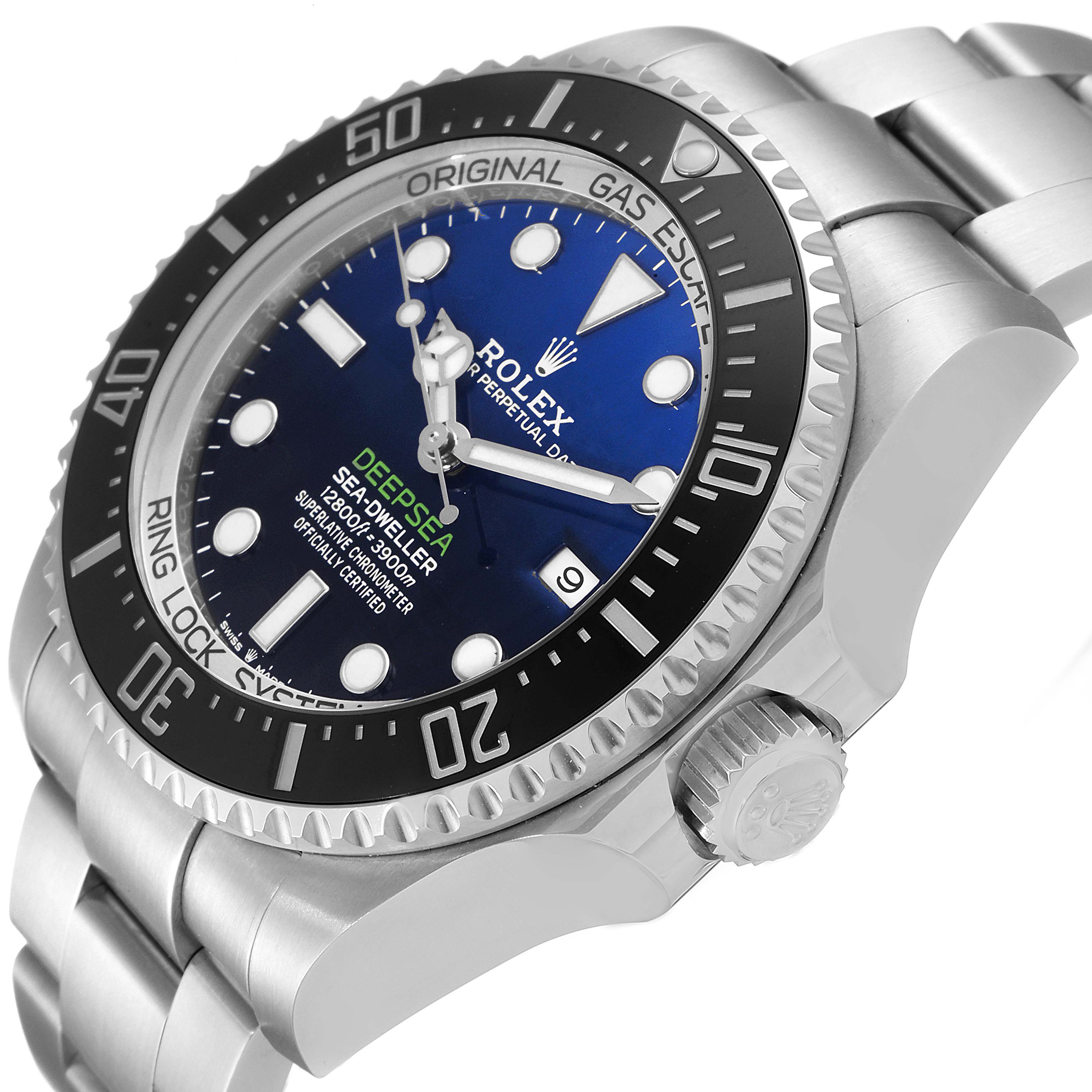 This image shows a Rolex Sea-Dweller 126660 Men
s Stainless Steel Blue Dial 126660 Men
s Stainless Steel Blue Dial watch at an angled view, highlighting the face, bezel, and part of the bracelet.