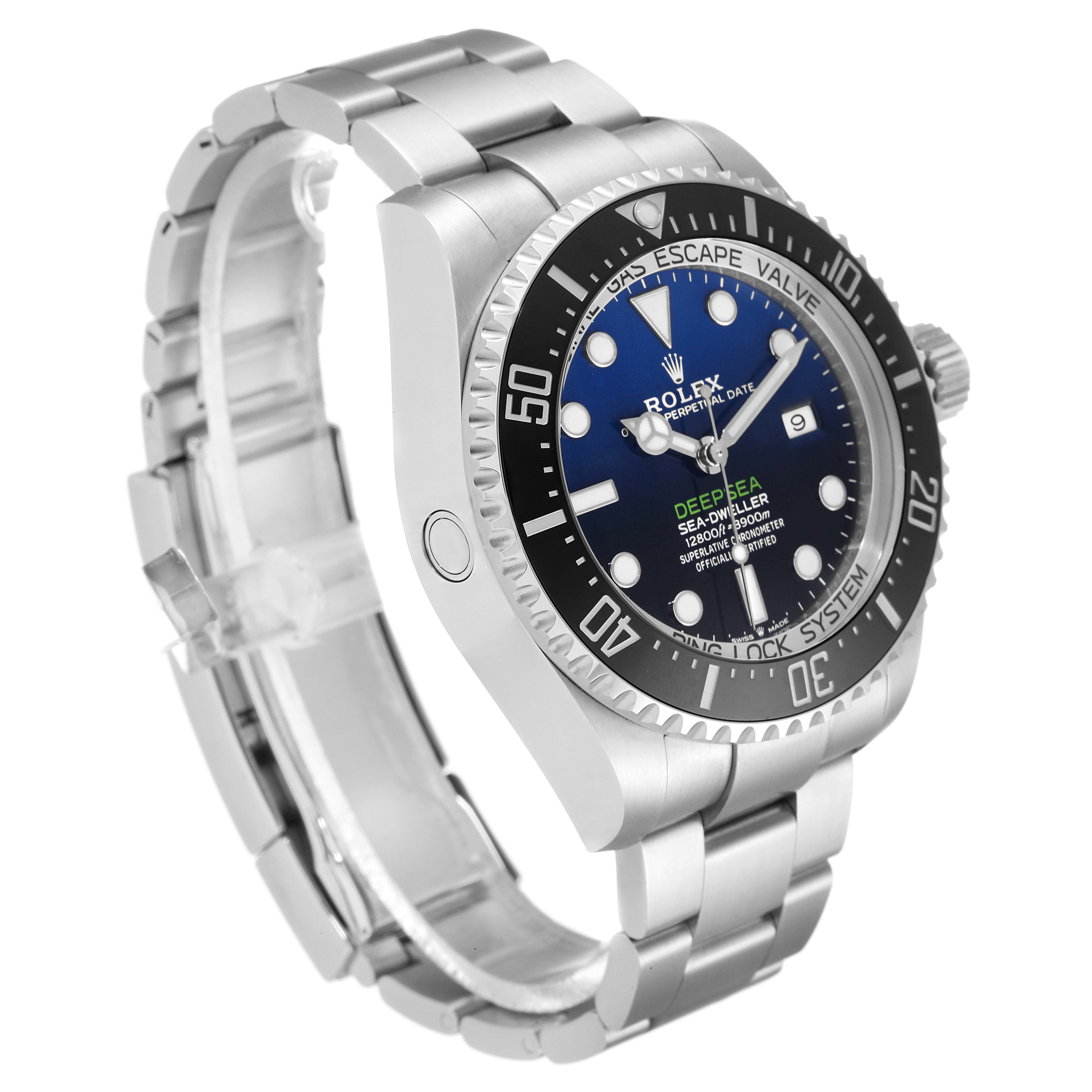 This image shows a side-front angle of the Rolex Sea-Dweller 126660 Men
s Stainless Steel Blue Dial 126660 Men
s Stainless Steel Blue Dial watch, displaying the dial, bezel, crown, and bracelet.