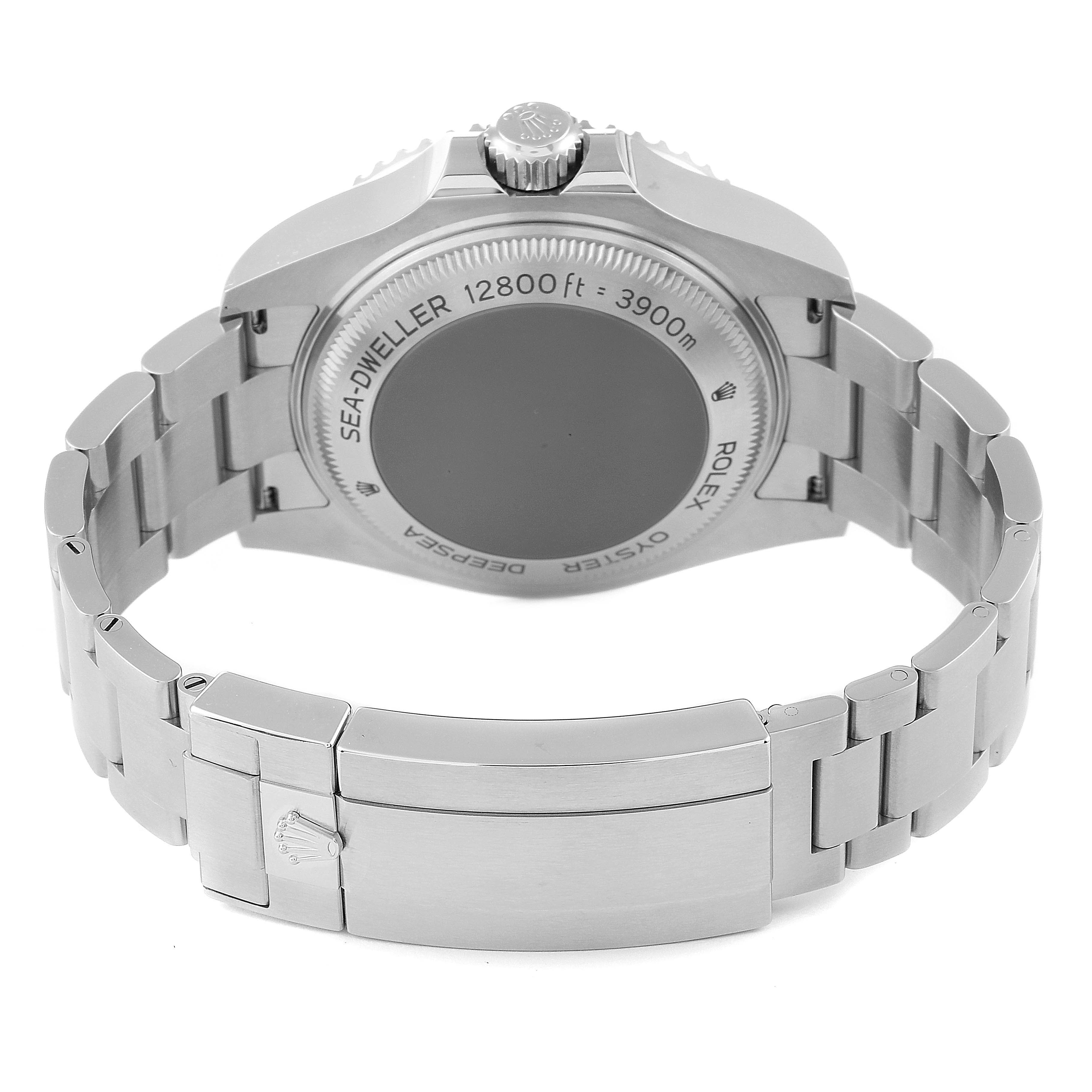 The image shows the back case and bracelet of a Rolex Sea-Dweller 126660 Men
s Stainless Steel Blue Dial 126660 Men
s Stainless Steel Blue Dial watch at an angle highlighting the crown and clasp.