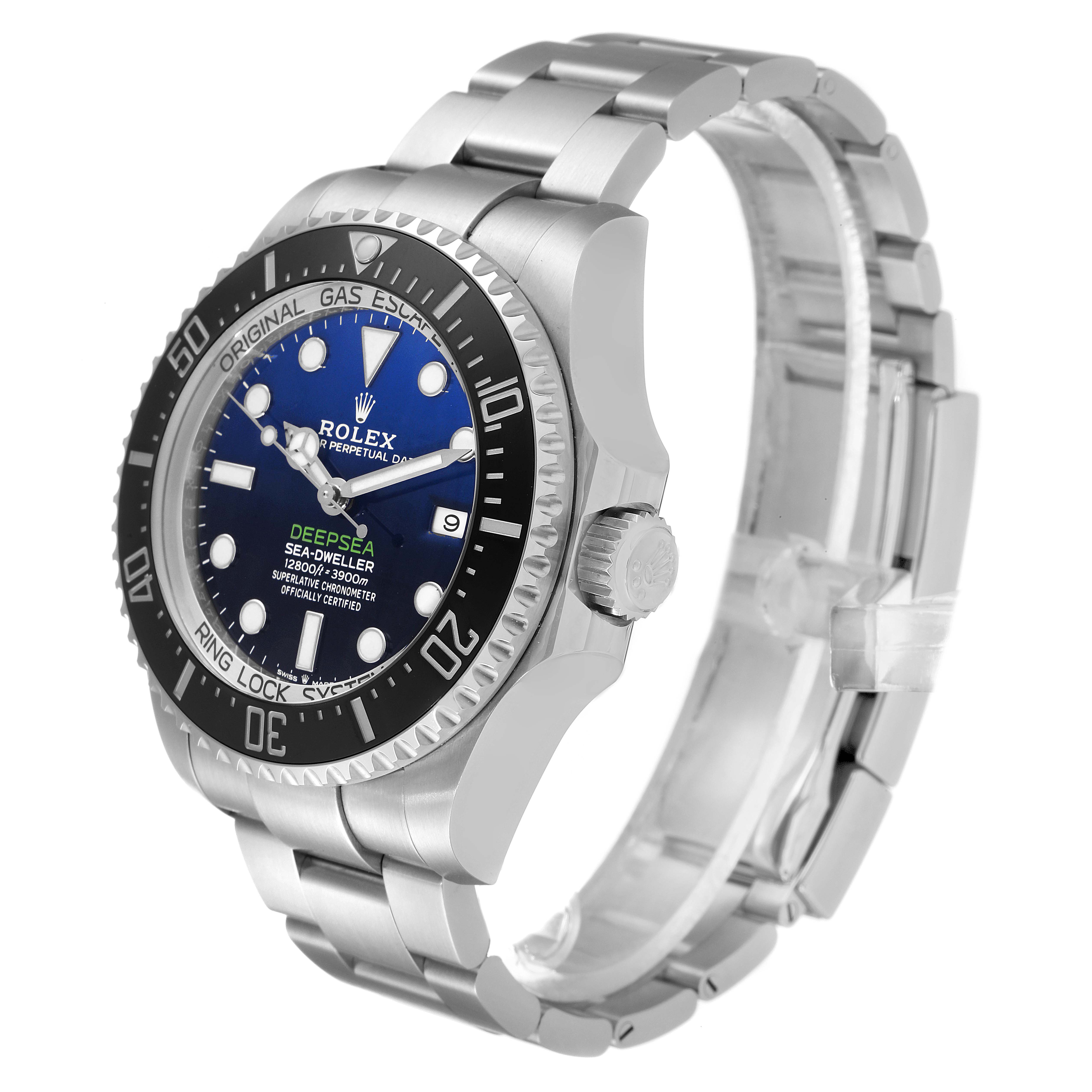 The image shows a side view of the Rolex Sea-Dweller 126660 Men
s Stainless Steel Blue Dial 126660 Men
s Stainless Steel Blue Dial watch, highlighting the bezel, dial, and bracelet.