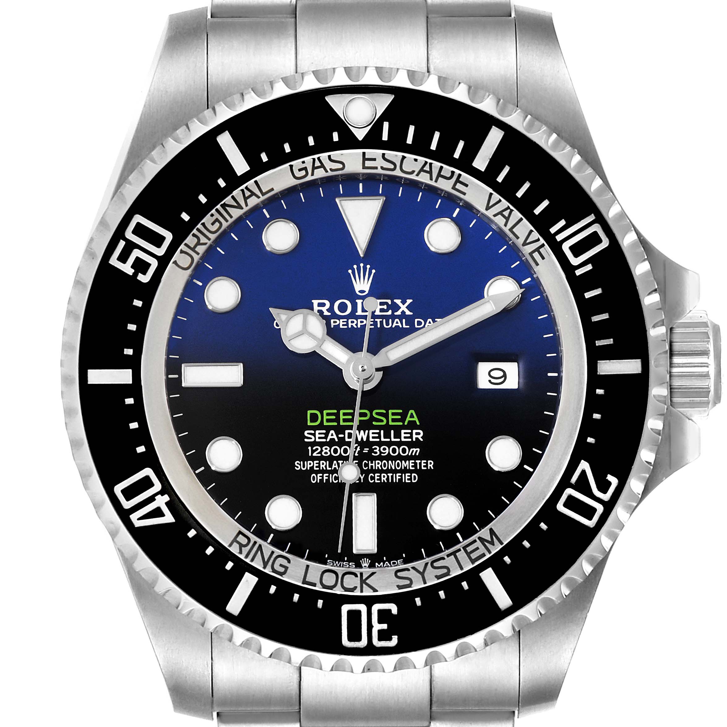 The image shows a front view of the Rolex Sea-Dweller 126660 Men
s Stainless Steel Blue Dial 126660 Men
s Stainless Steel Blue Dial Deepsea watch, highlighting its face, bezel, and crown.