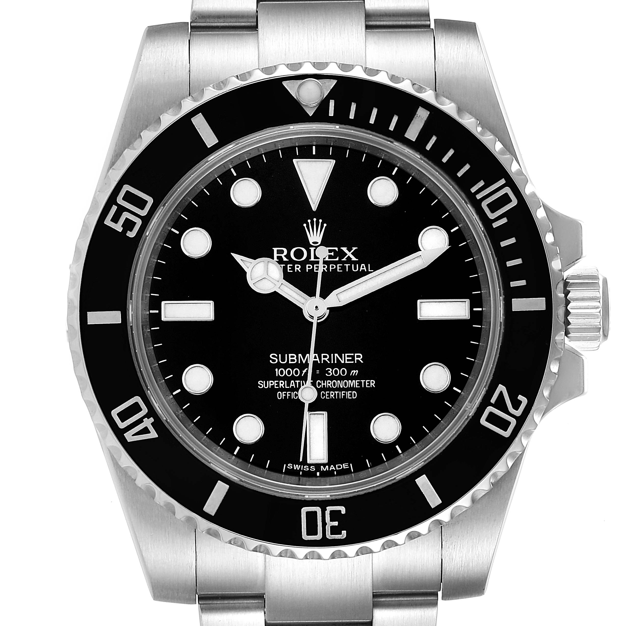 The image shows a frontal view of the Rolex Submariner 114060 Men
s Stainless Steel Black Dial 114060 Men
s Stainless Steel Black Dial watch, highlighting the dial, bezel, and a portion of the bracelet.