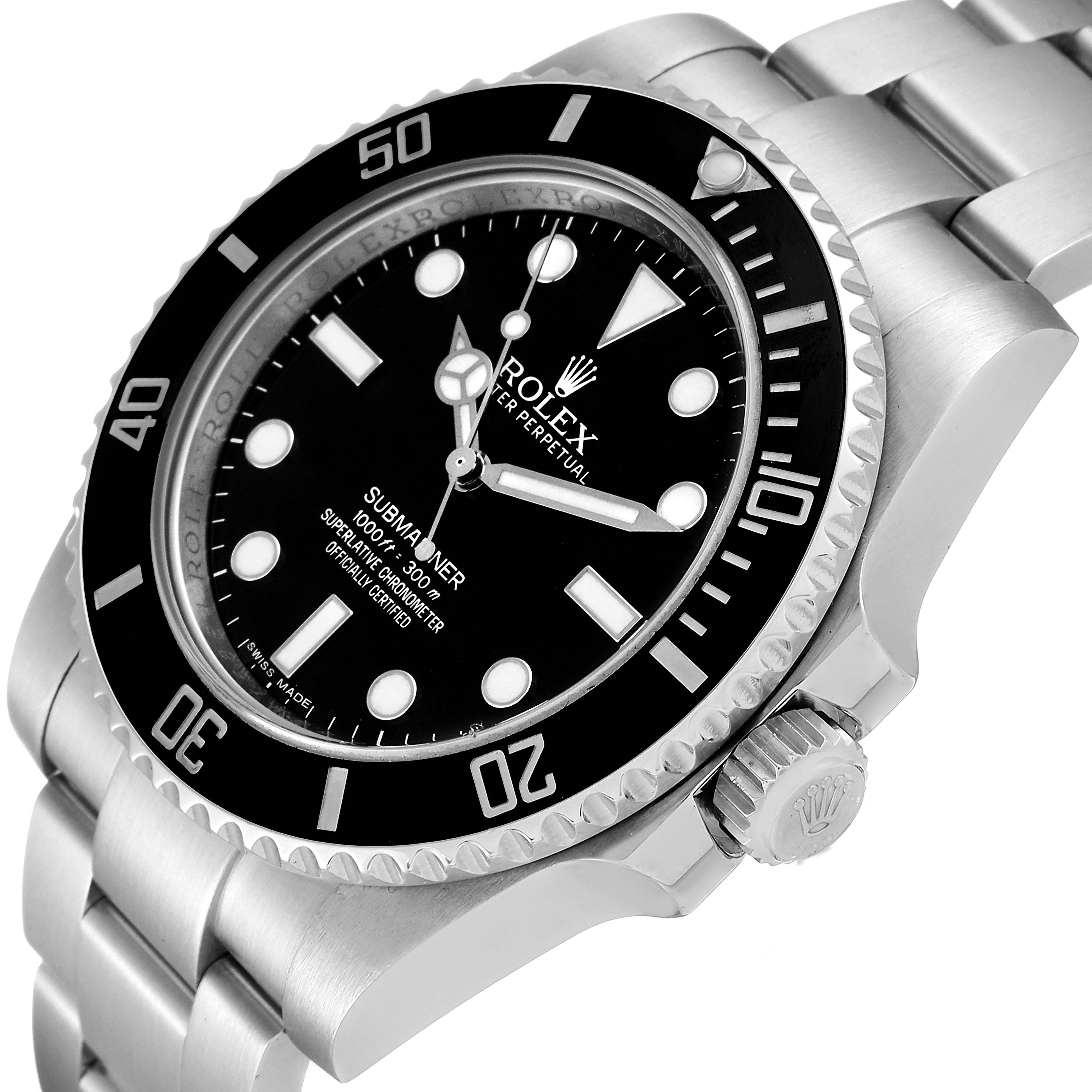 The image shows the Rolex Submariner 114060 Men
s Stainless Steel Black Dial 114060 Men
s Stainless Steel Black Dial watch from a three-quarter angle, highlighting the dial, bezel, and crown.