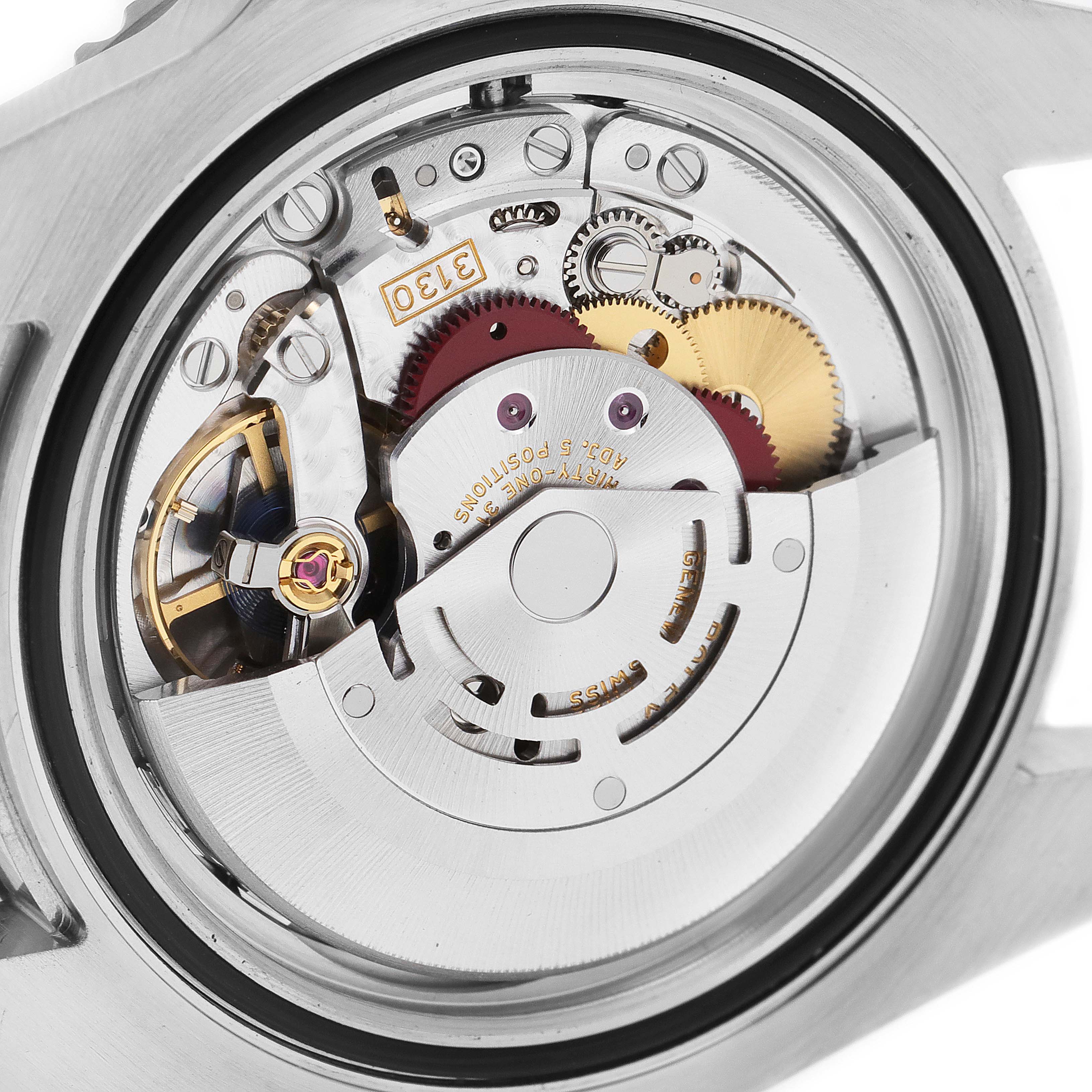 This image shows the back view of a Rolex Submariner 114060 Men
s Stainless Steel Black Dial 114060 Men
s Stainless Steel Black Dial watch, focusing on its internal movement and mechanical parts.