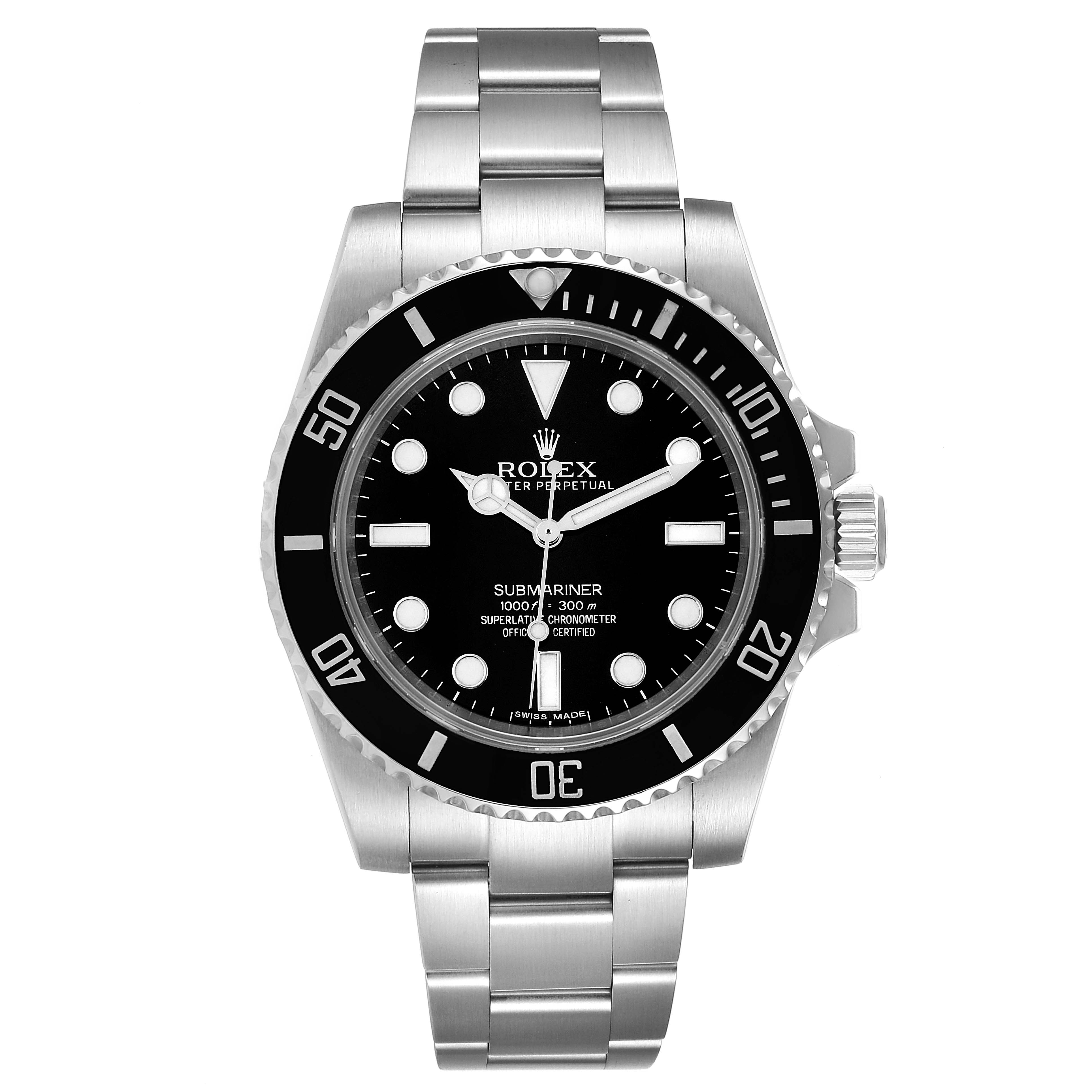 The image shows a front view of the Rolex Submariner 114060 Men
s Stainless Steel Black Dial 114060 Men
s Stainless Steel Black Dial watch, displaying its dial, bezel, and bracelet.
