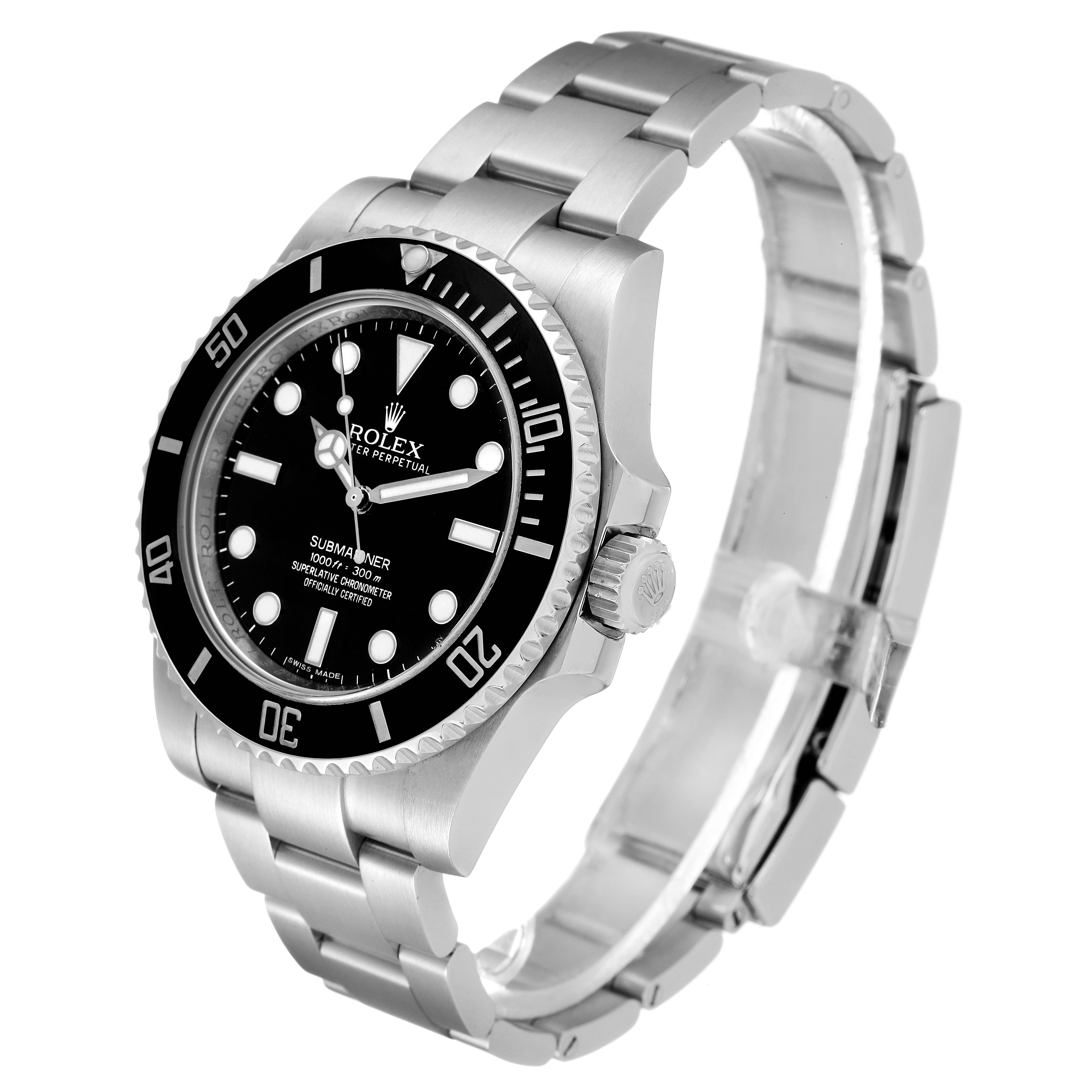 The image shows a Rolex Submariner 114060 Men
s Stainless Steel Black Dial 114060 Men
s Stainless Steel Black Dial watch at an oblique angle, highlighting the face, bezel, crown, and bracelet.
