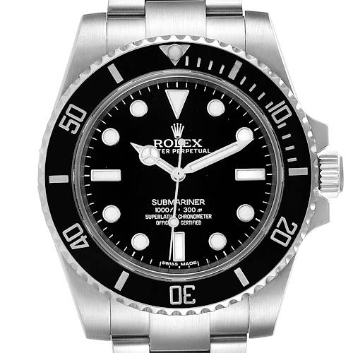 This image shows a frontal view of a Rolex Submariner watch, displaying the dial, bezel, hands, and part of the bracelet and crown.