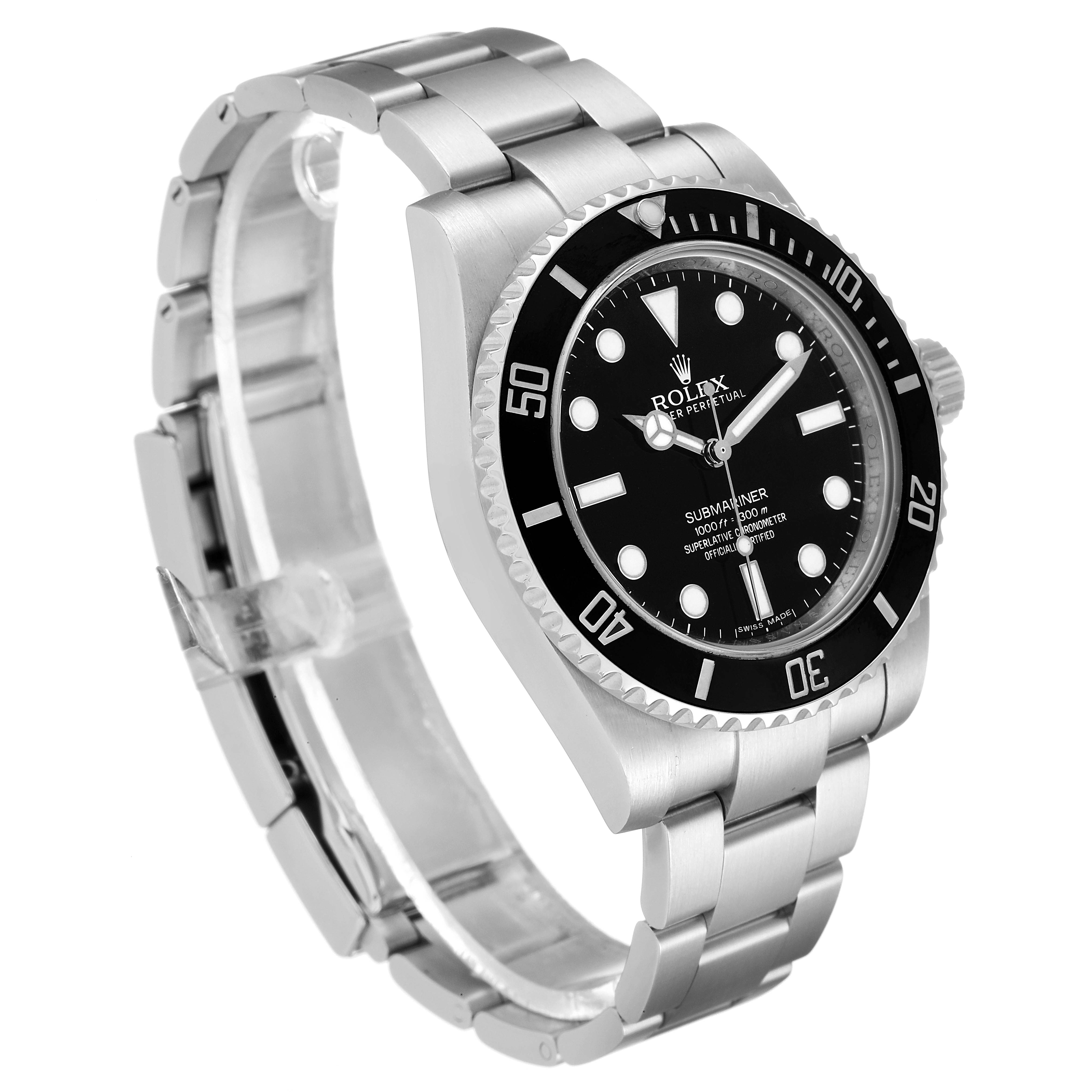 The Rolex Submariner 114060 Men
s Stainless Steel Black Dial 114060 Men
s Stainless Steel Black Dial is shown at an angled side view, highlighting the watch face, bezel, and bracelet.
