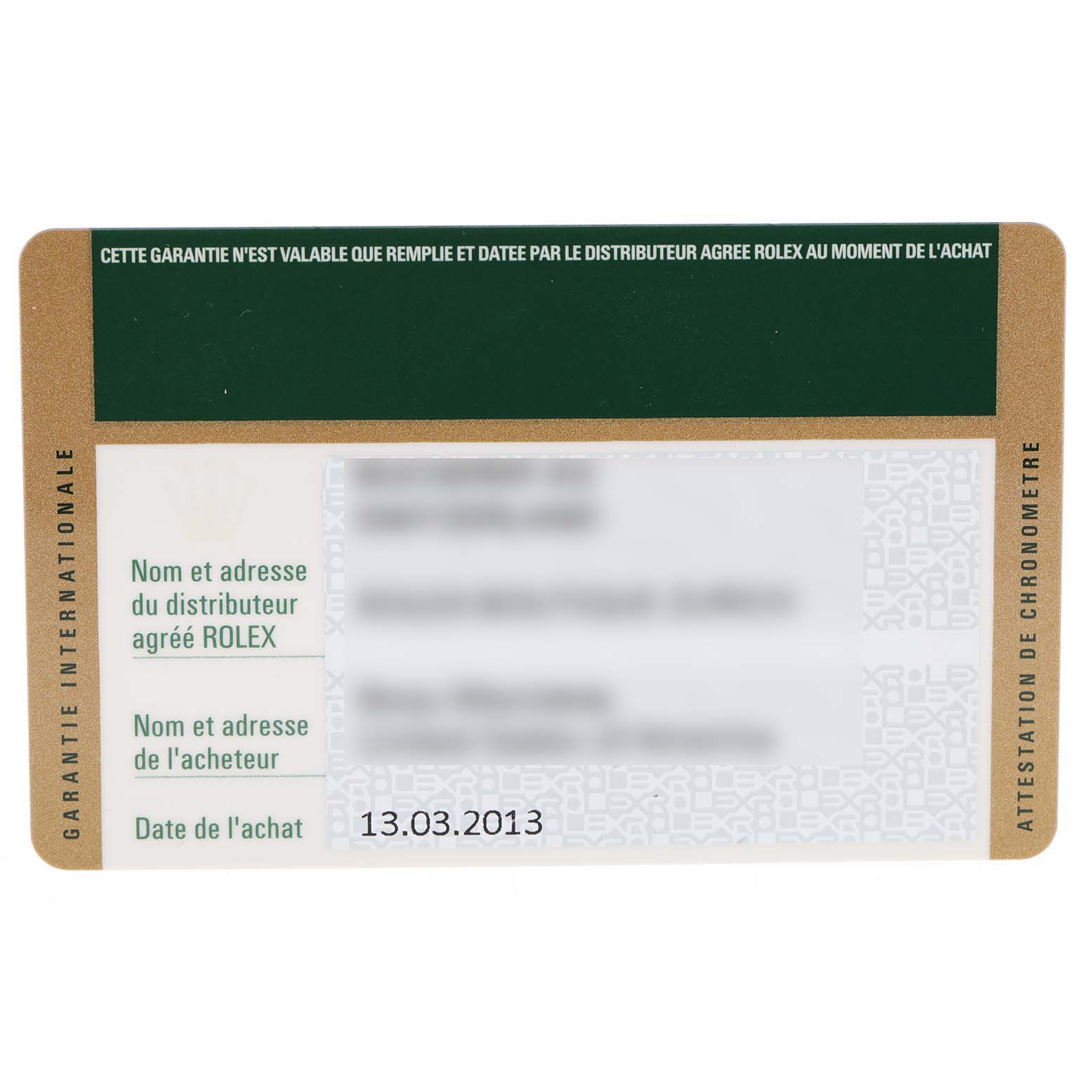 The image shows the warranty card for a Rolex Submariner 114060 Men
s Stainless Steel Black Dial 114060 Men
s Stainless Steel Black Dial watch.