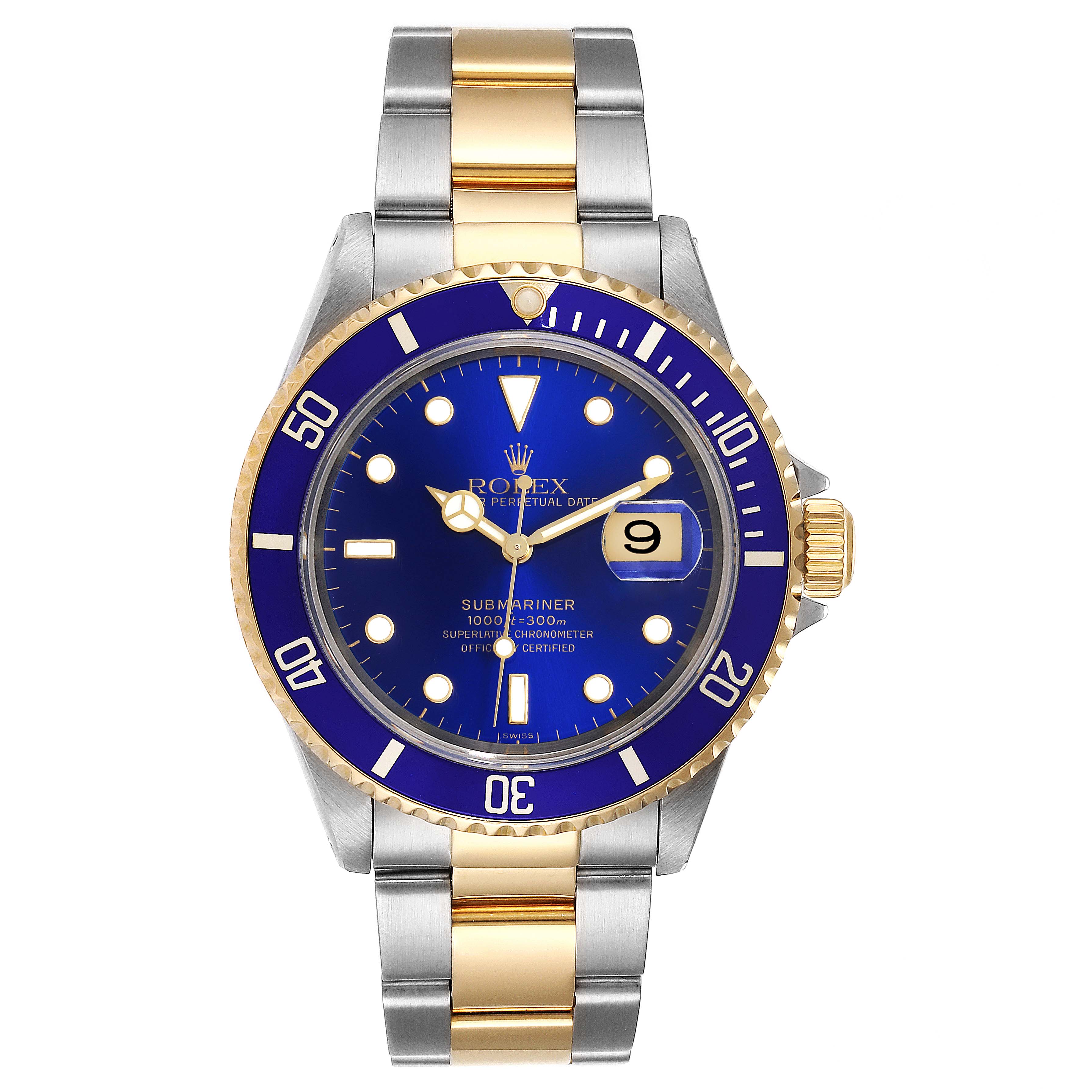 The image shows a front view of a Rolex Submariner 16613 Men's Steel and Gold (two tone) Blue Dial 16613 Men's Steel and Gold (two tone) Blue Dial watch, highlighting its blue dial, bezel, and two-tone bracelet.
