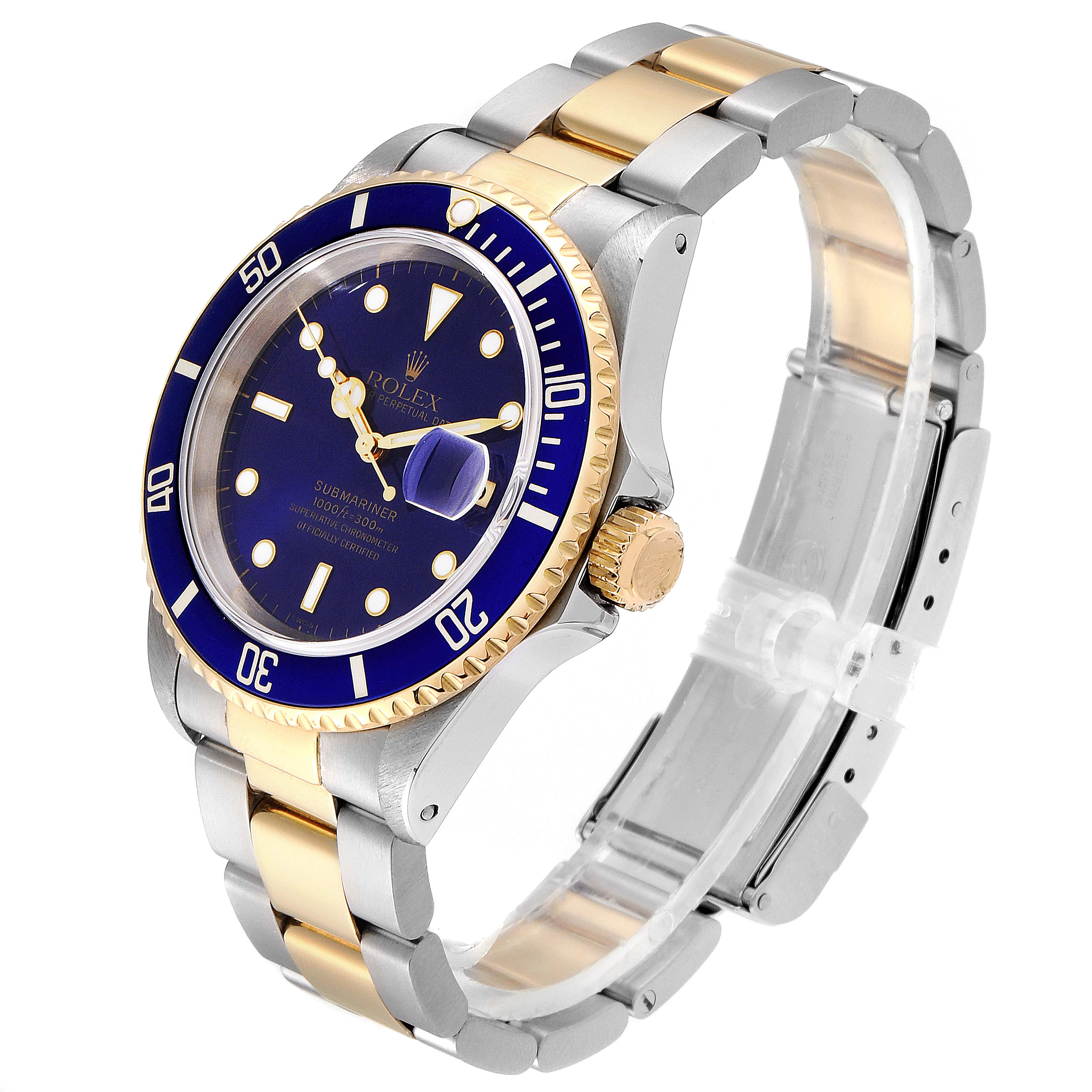 The image shows a Rolex Submariner 16613 Men's Steel and Gold (two tone) Blue Dial 16613 Men's Steel and Gold (two tone) Blue Dial watch at a three-quarter angle, highlighting its blue dial, bezel, and two-tone band.
