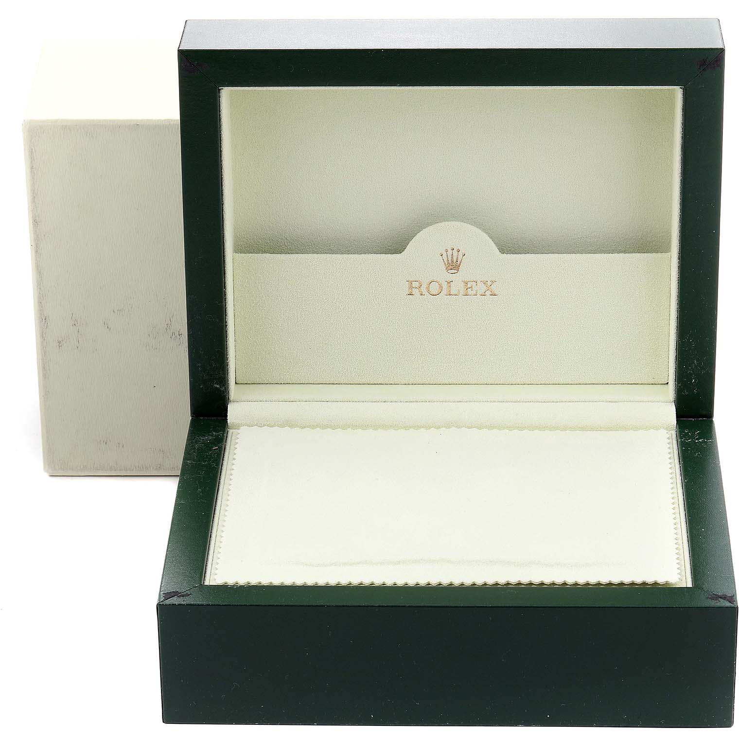 The image shows an open Rolex Submariner 16613 Men's Steel and Gold (two tone) Blue Dial 16613 Men's Steel and Gold (two tone) Blue Dial watch box featuring its interior branding.