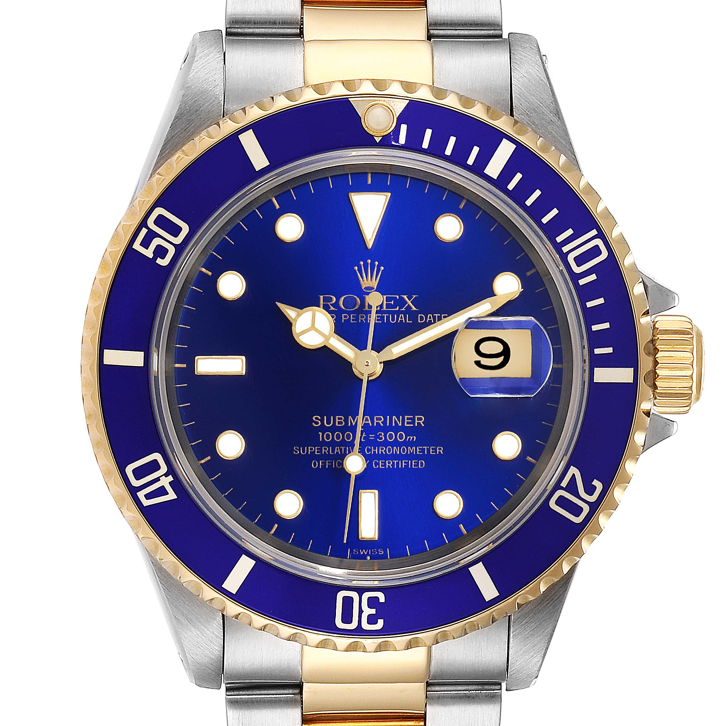 The image shows a front view of a Rolex Submariner 16613 Men's Steel and Gold (two tone) Blue Dial 16613 Men's Steel and Gold (two tone) Blue Dial watch, highlighting its blue dial, date function, and gold and silver bracelet.