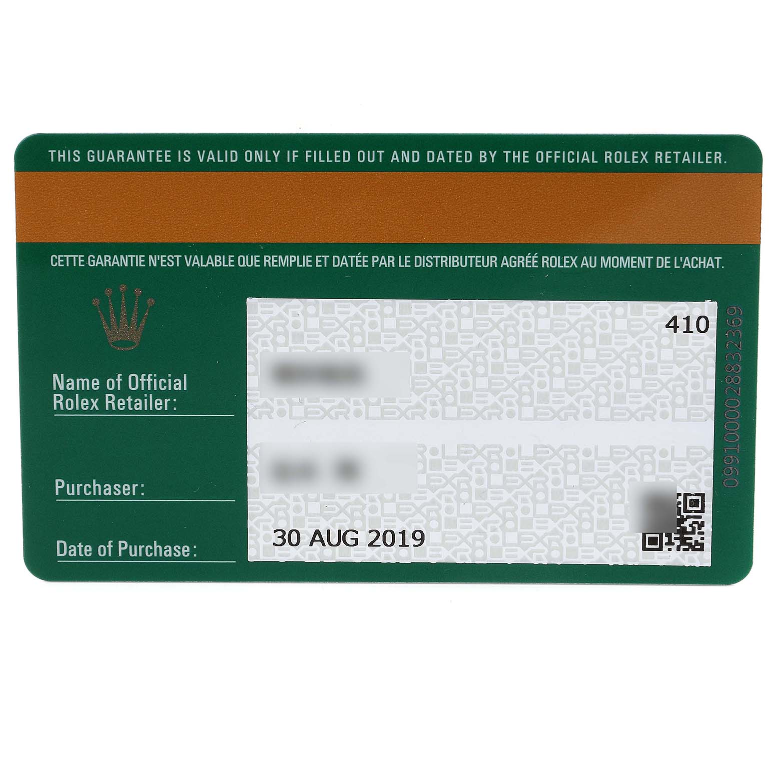 The image shows the guarantee card for a Rolex Submariner 116610LN Men
s Stainless Steel Black Dial 116610LN Men
s Stainless Steel Black Dial with the purchase date, retailer name, and purchaser information.