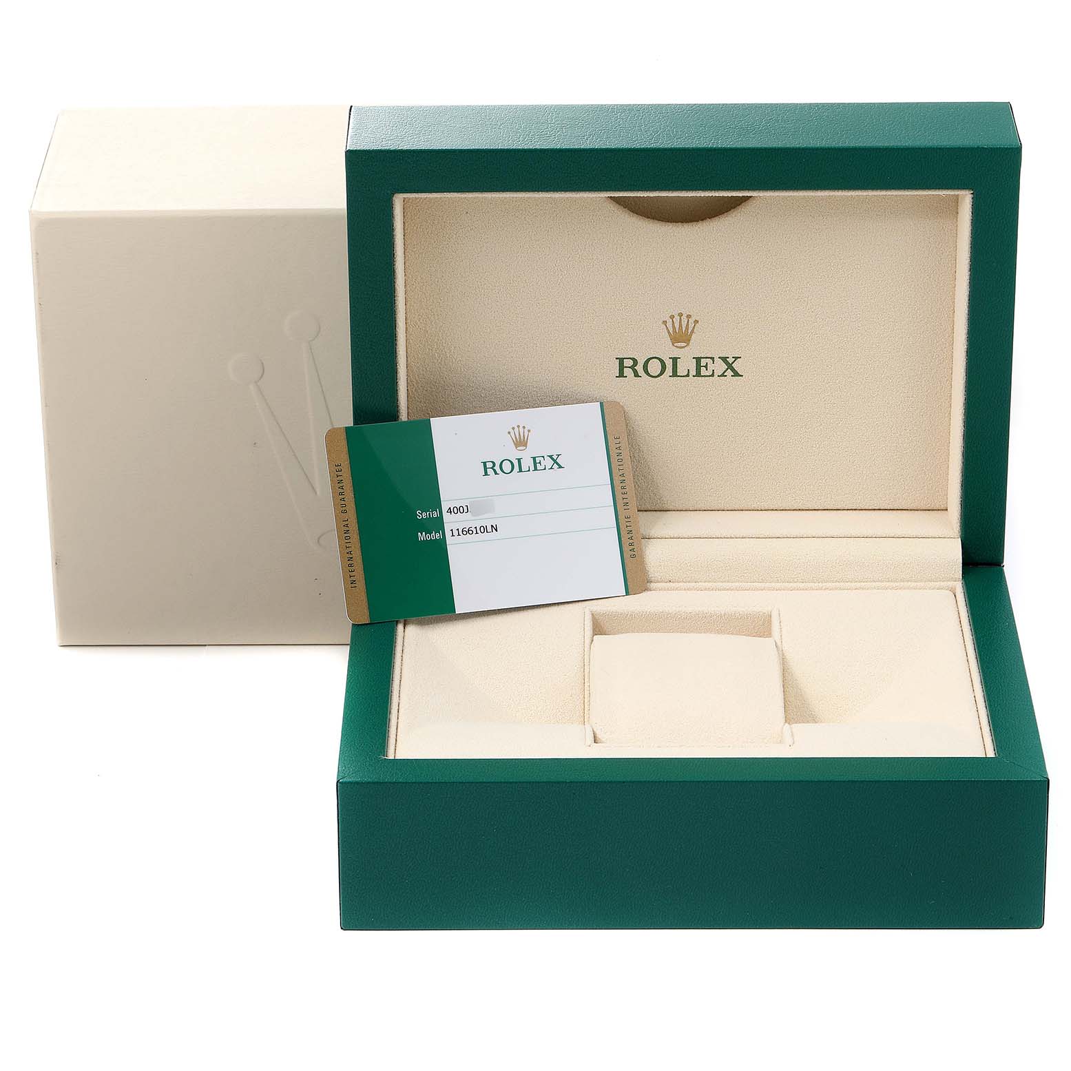 This image shows an open Rolex Submariner 116610LN Men
s Stainless Steel Black Dial 116610LN Men
s Stainless Steel Black Dial box and a card with serial and model details.