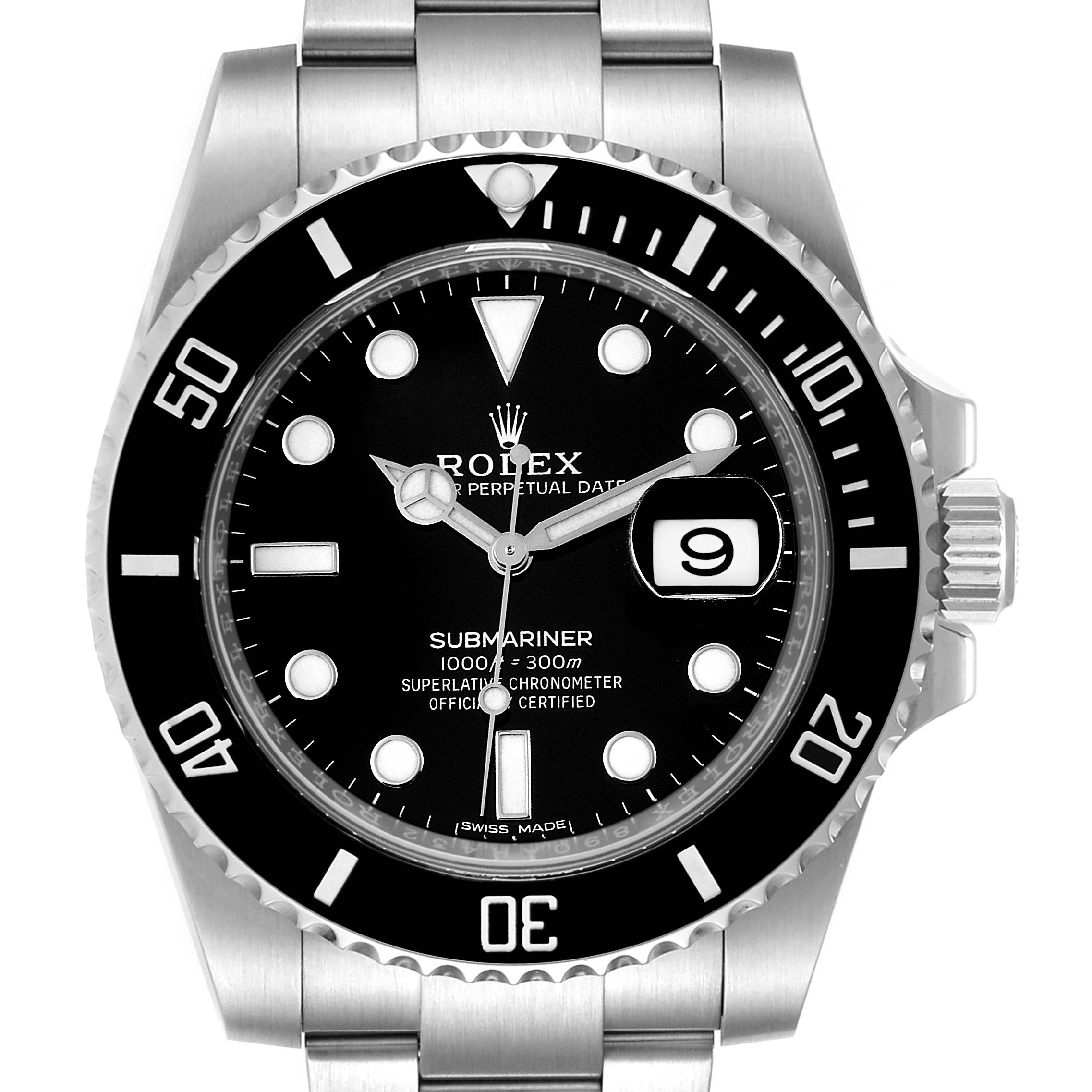 This image shows a front view of the Rolex Submariner 116610LN Men
s Stainless Steel Black Dial 116610LN Men
s Stainless Steel Black Dial watch, highlighting the bezel, dial, hands, bracelet, and crown.