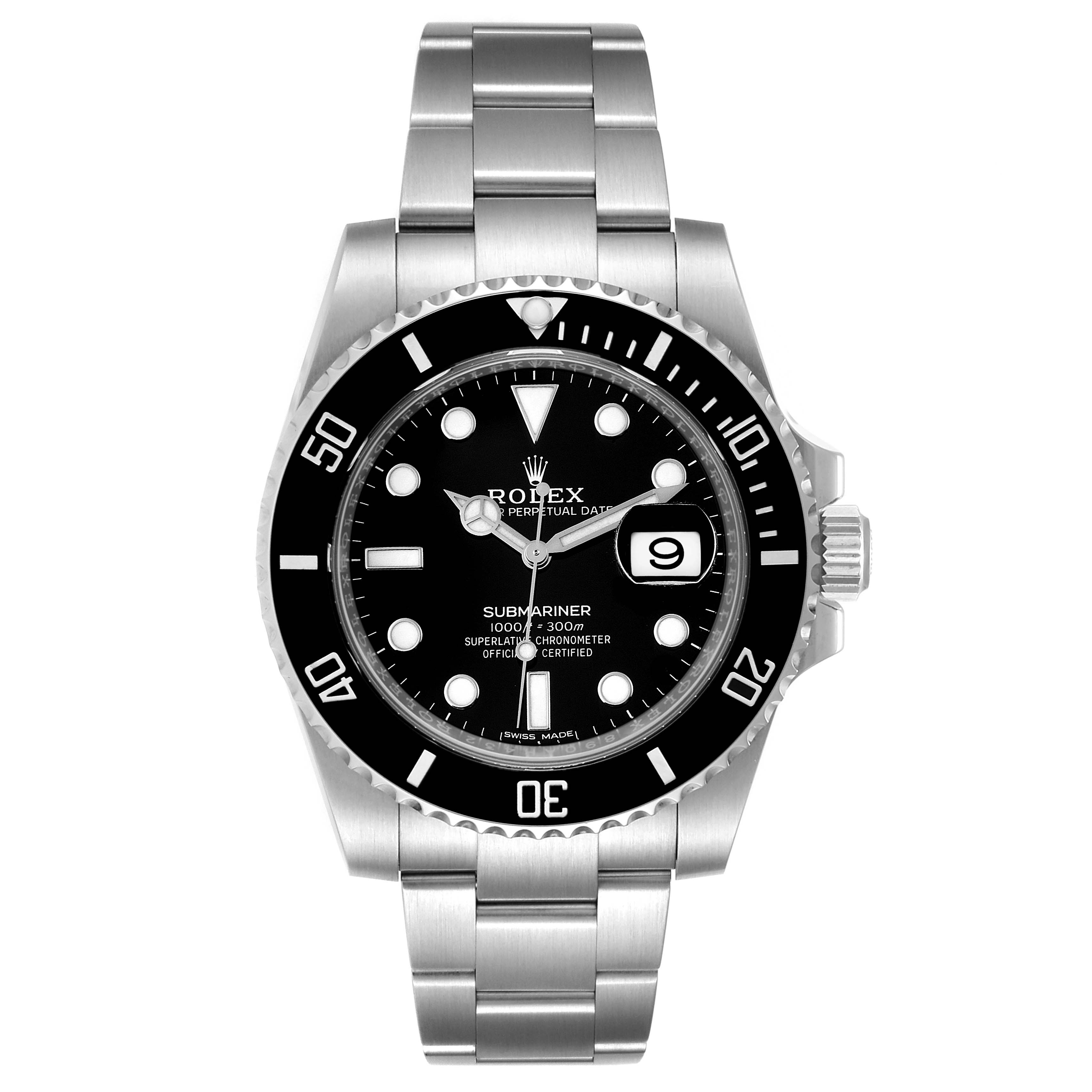 This image shows a front view of a Rolex Submariner 116610LN Men
s Stainless Steel Black Dial 116610LN Men
s Stainless Steel Black Dial watch, highlighting its face, bezel, and bracelet.