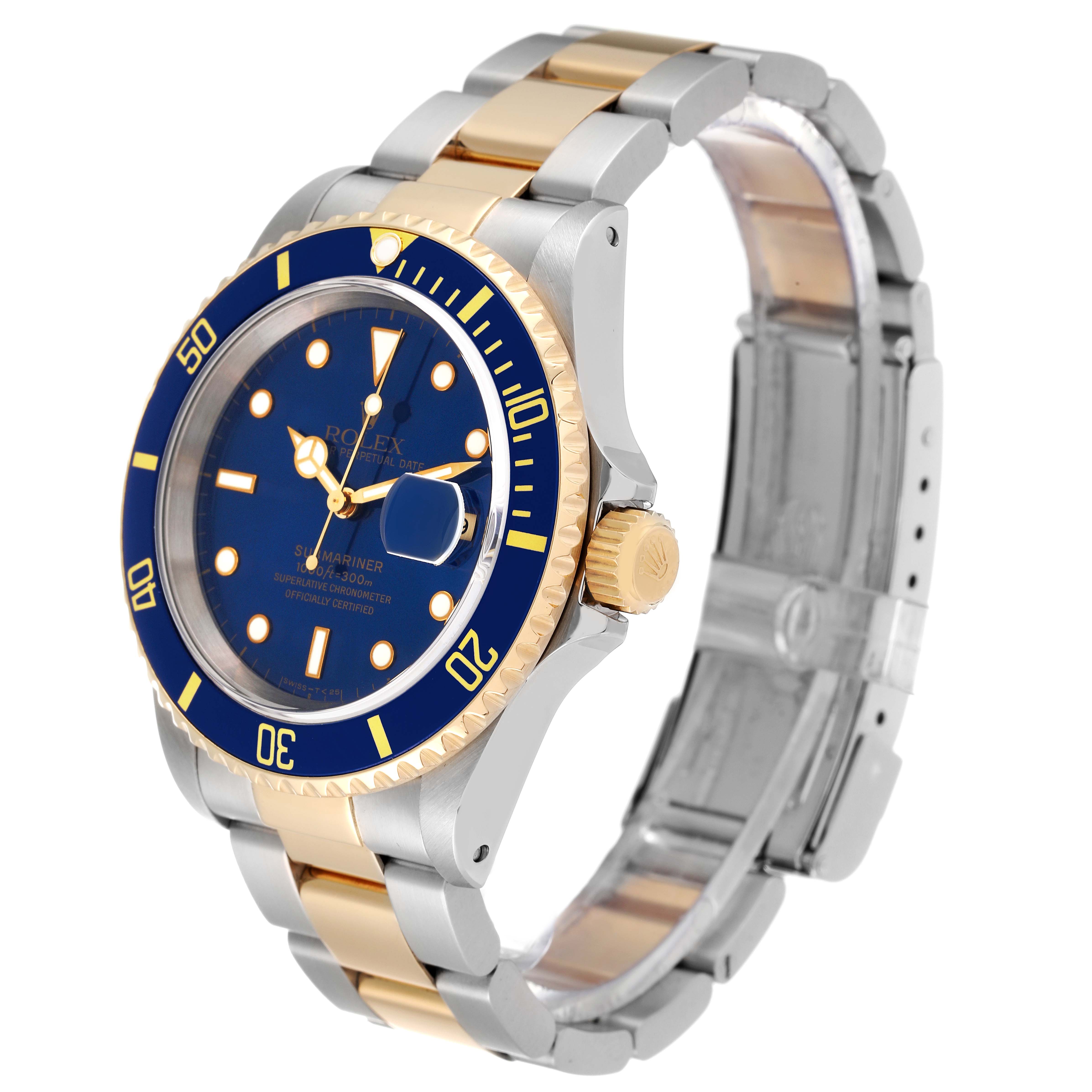 This image shows a side and slightly angled view of a Rolex Submariner 16613 Men's Steel and Gold (two tone) Blue Dial 16613 Men's Steel and Gold (two tone) Blue Dial watch, featuring the dial, bezel, crown, and bracelet.