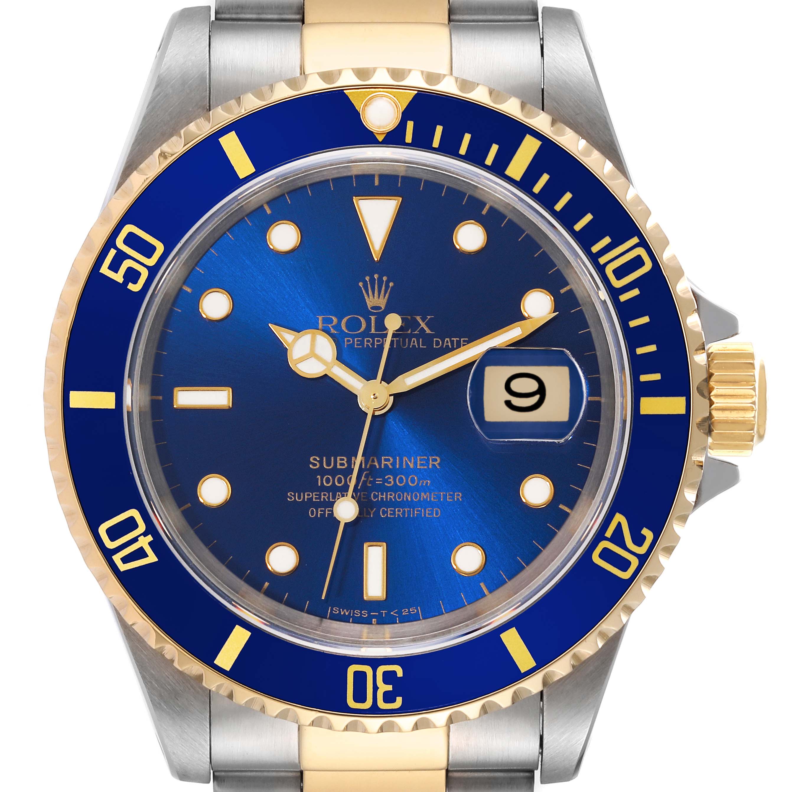 This image depicts a Rolex Submariner 16613 Men's Steel and Gold (two tone) Blue Dial 16613 Men's Steel and Gold (two tone) Blue Dial watch, showcasing the dial, bezel, crown, and part of the bracelet from a frontal angle.