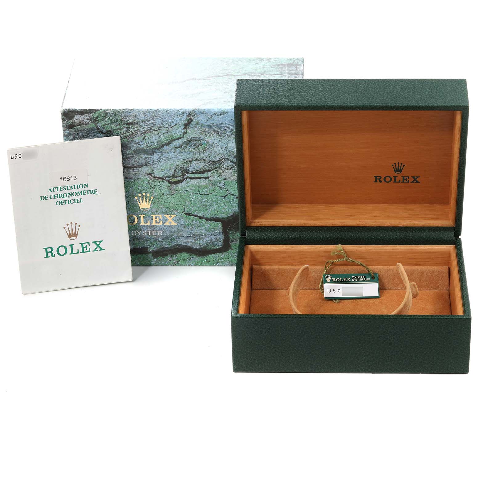 This image shows a Rolex Submariner 16613 Men's Steel and Gold (two tone) Blue Dial 16613 Men's Steel and Gold (two tone) Blue Dial watch box, an outer box, and accompanying documents from a top-down angle.